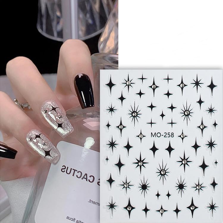 6 Sheets 3D Self-Adhesive Star Nail Stickers - Gold Silver Black Crystal Diamond Nail Art Charms for Women | Chrome Nail Decals for Acrylic Manicure & Gel Polish Decorations | Perfect for Parties, Weddings, and Special Occasions