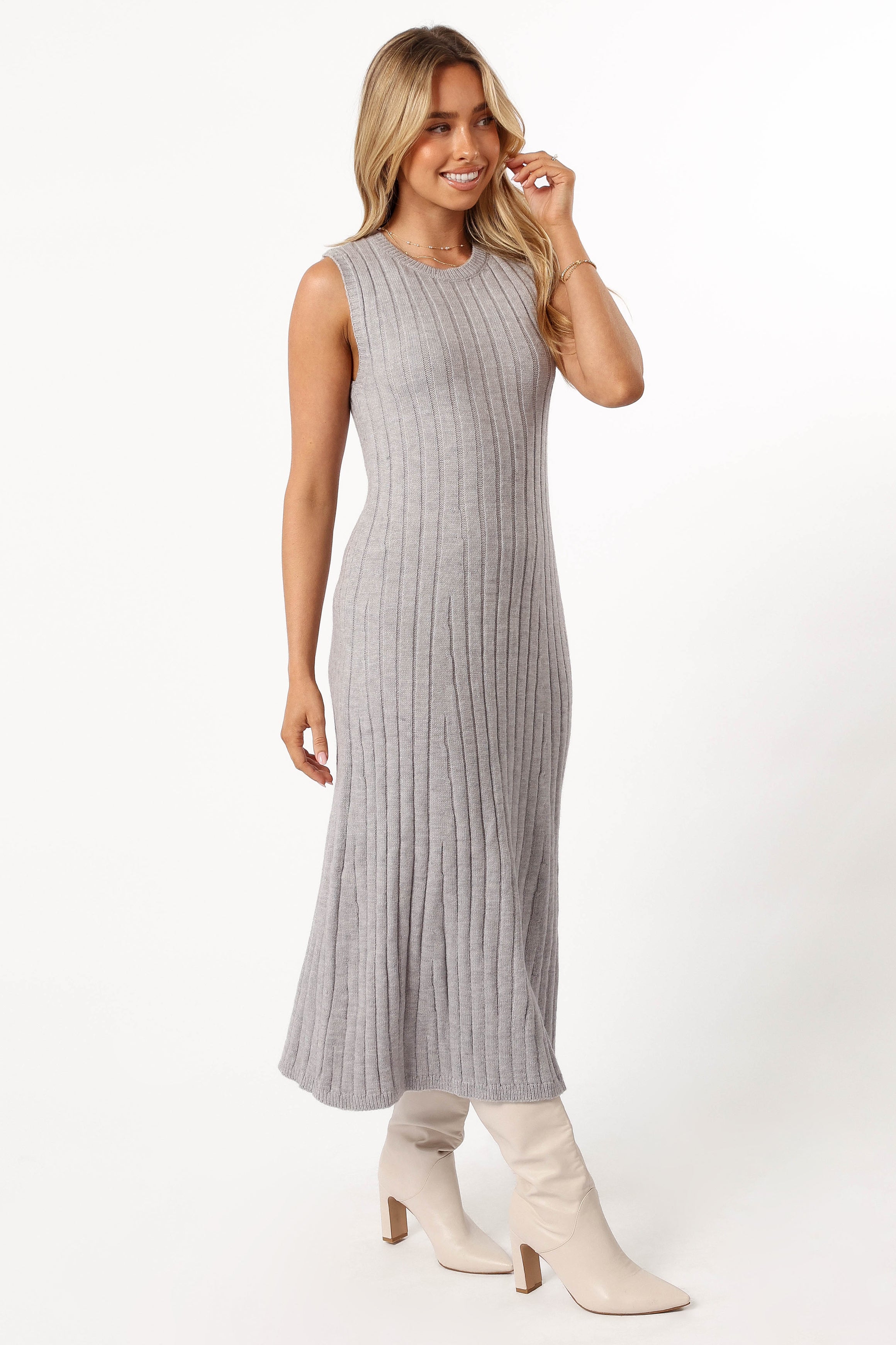 Kellie Knit Midi Dress for Women - Soft Stretch Grey Casual Dress for Fall & Winter | Perfect for Office, Date Night & Holiday Parties