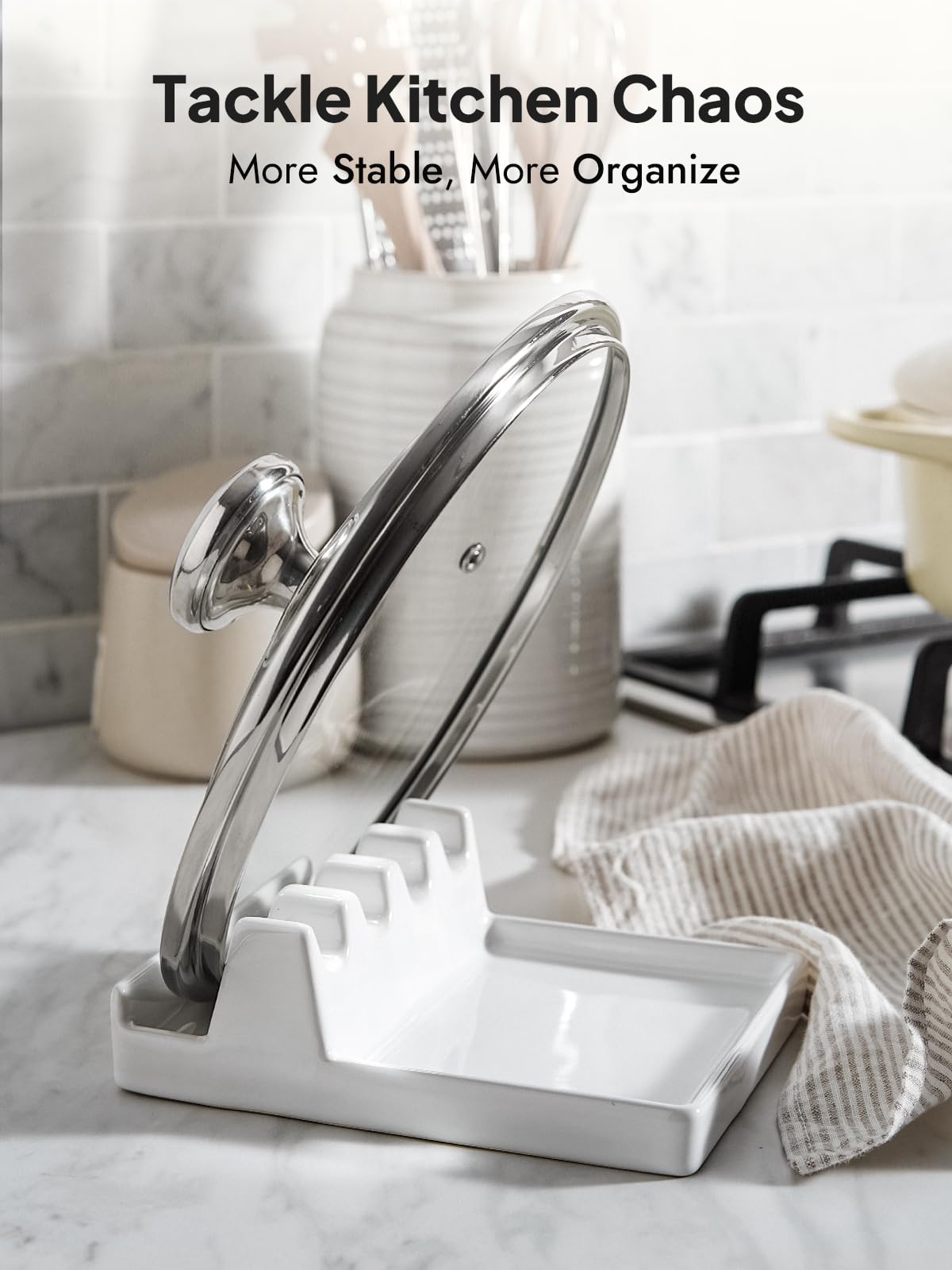LE TAUCI Ceramic Spoon Rest for Stove Top - Heat-Resistant Kitchen Counter Utensil Holder with Drip Pad - Perfect for Cooking, Serving & Organizing Spoons, Lids & Multiple Utensils - 6.2 Inch White Spoon Rest Set of 1 - Great Housewarming Gift & Kitchen Essential