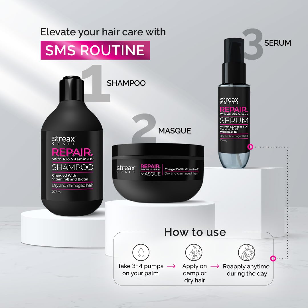 Streax Craft Repair Hair Serum for Women - 100ml Vita-Oils Complex with Vitamin E, Avocado & Macadamia Oil - Deep Conditioning Treatment for Dry, Damaged Hair - Perfect for Daily Nourishment & Salon-Quality Results at Home