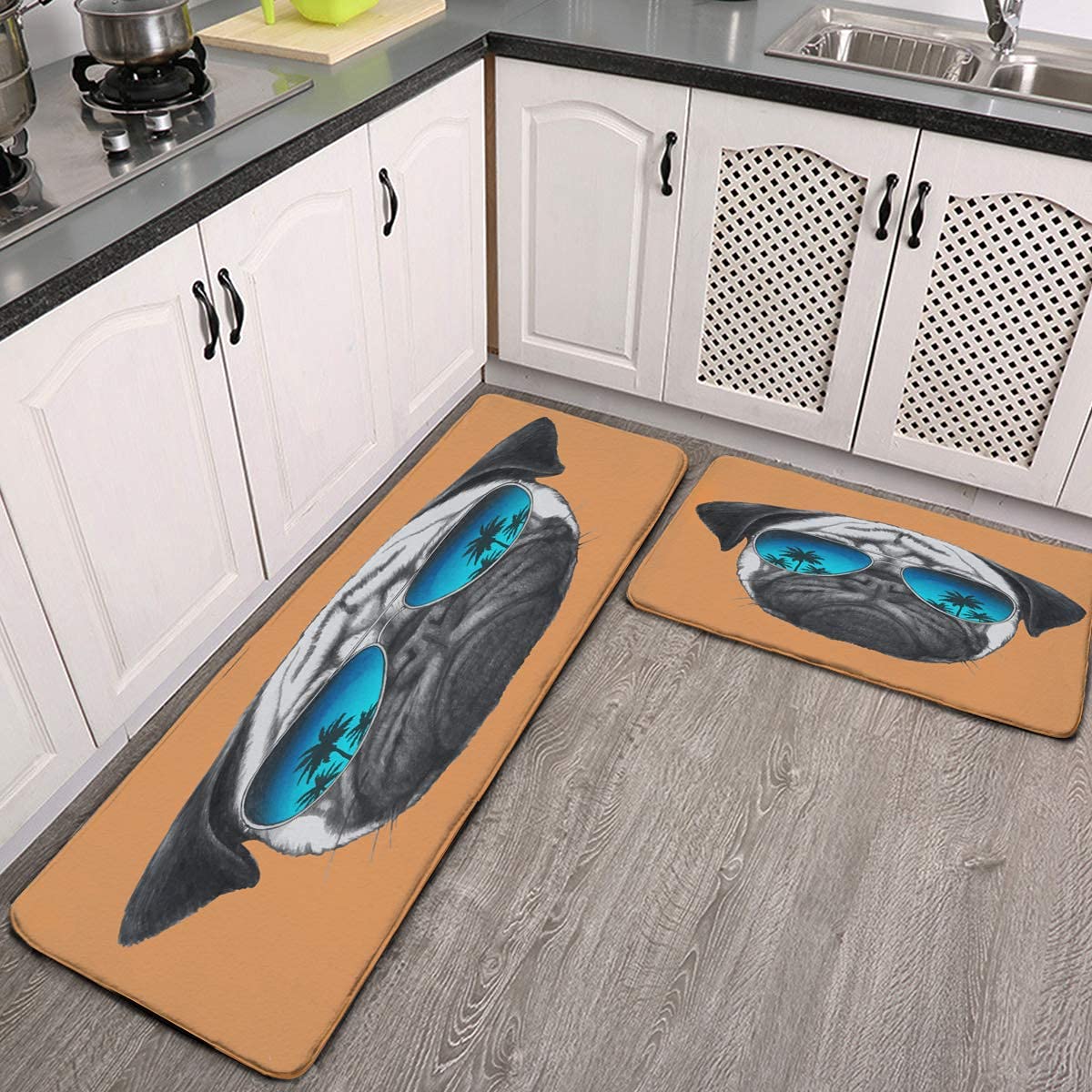 Funny Pensive Monkey Gorilla in Glasses Kitchen Rugs Set of 2 - Purple Anti-Fatigue Cushioned Floor Mats for Kitchen Sink, Standing Desk, Hallway Runner & Door Mat - Perfect for Home, Office & High-Traffic Areas