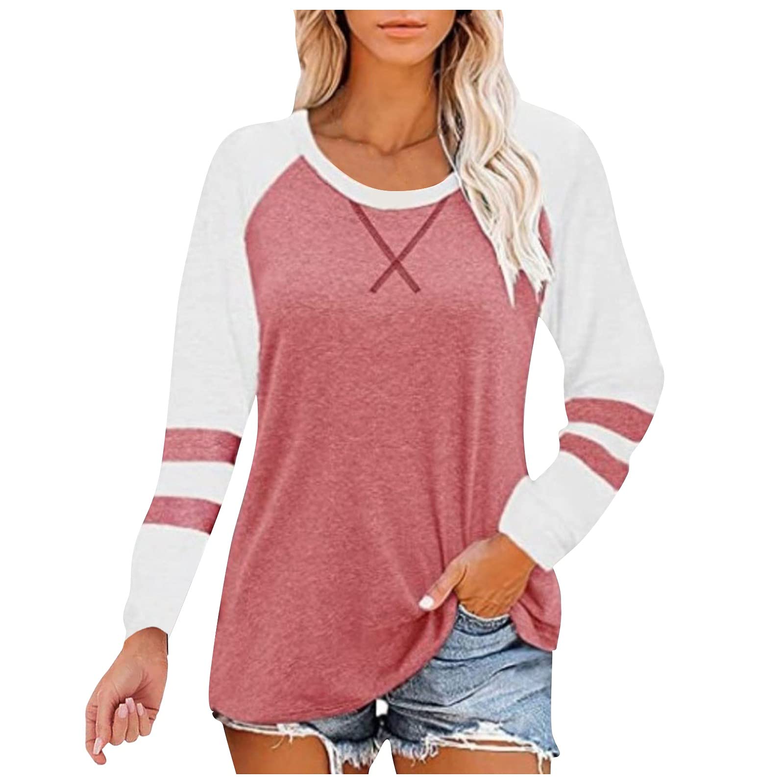 UODSVP Women's Casual Long Sleeve Round Neck Blouse - Solid Color Splicing Design, Comfortable Daily Wear for Work, Dating & Weekend Outfits
