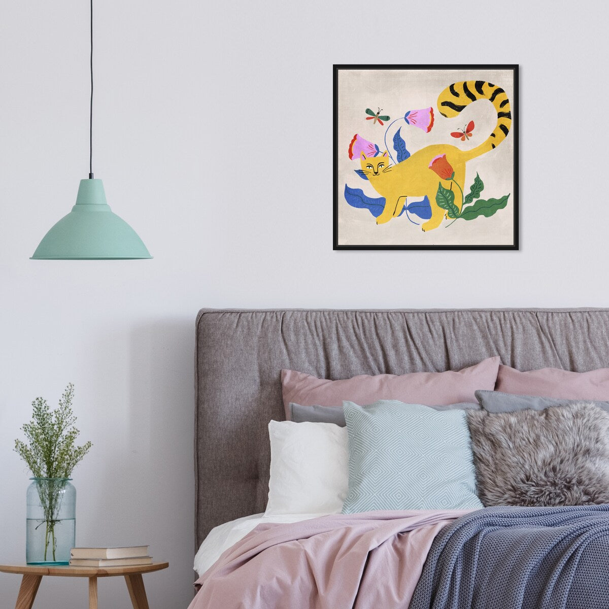 Blonde Tabby Floral Kitten Butterfly Garden Modern Yellow Framed Canvas Wall Art Print - Home Decor for Bedroom, Living Room & Nursery