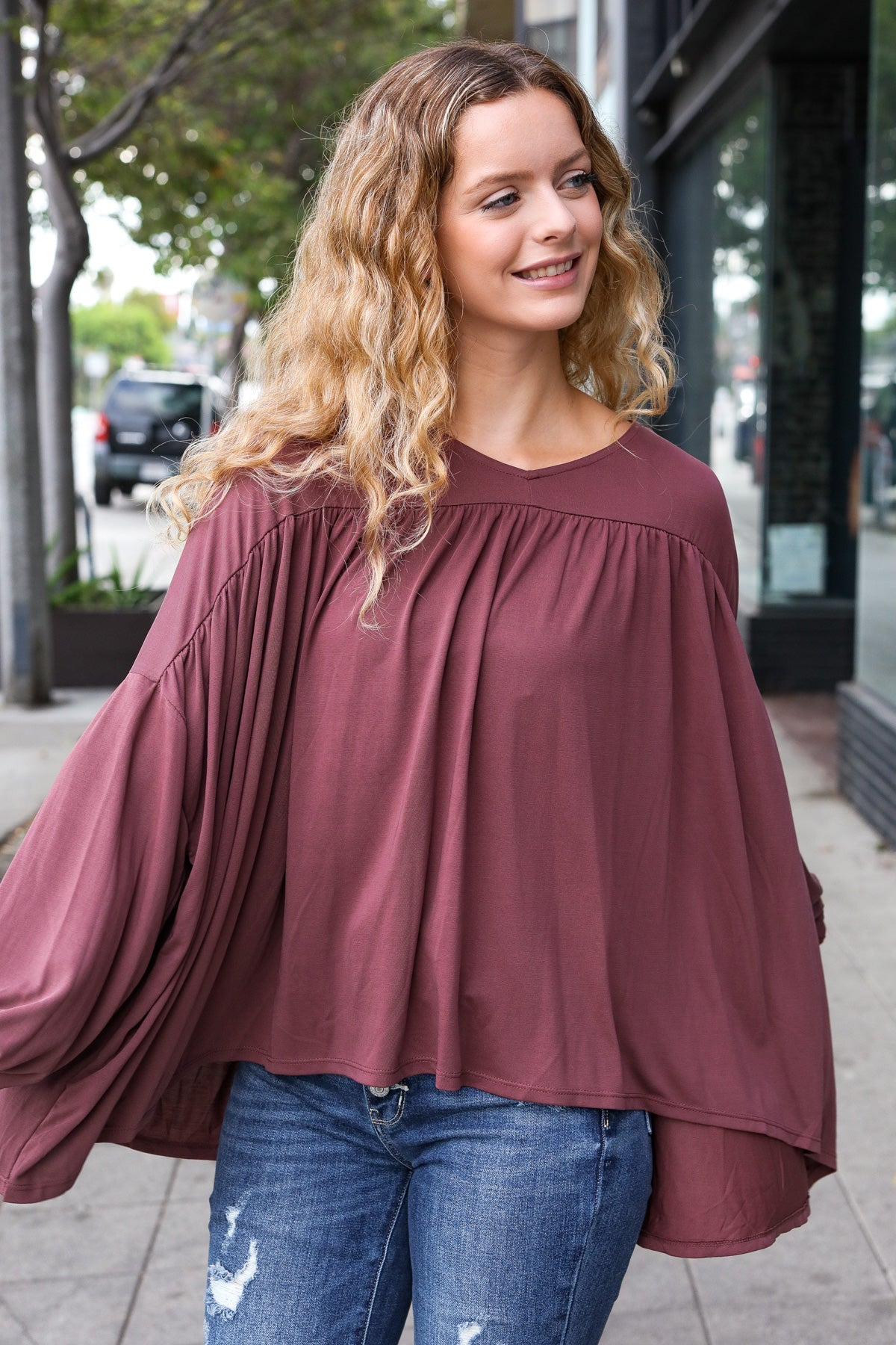 Stylish Casual Wine V-Neck Yoke Modal Knit Oversized Top for Women | Comfortable Loose Fit Tunic Blouse for Everyday Wear, Work & Outings
