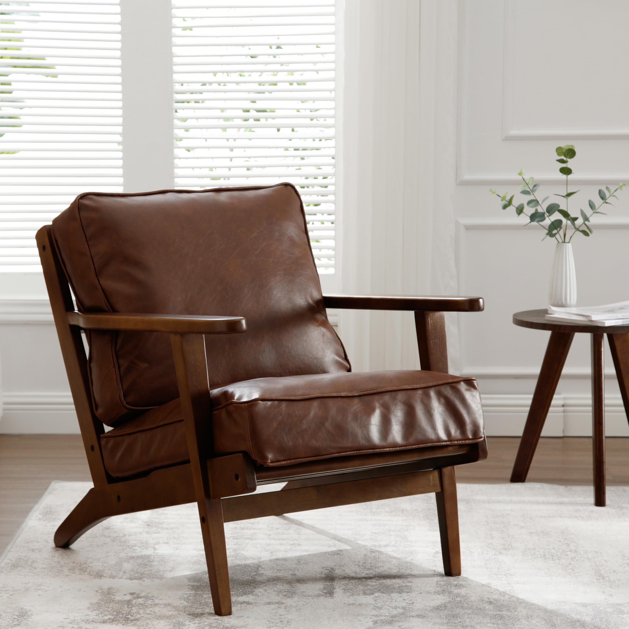 Mid-Century Modern Accent Chairs Set of 2 - Genuine Leather Upholstered Living Room Chairs with Solid Wood Frame - Comfortable Armchairs for Bedroom, Reading Nook & Lounge - PU Brown Leather - Perfect for Relaxing, Entertaining & Home Decor
