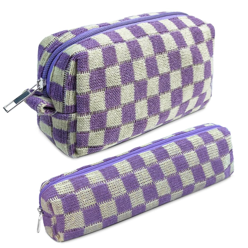 2 Pcs Small Checkered Makeup Bag Set - Mini Cosmetic Pouch & Brush Organizer for Purse, Travel Essentials | Cute Aesthetic Accessories Storage for Women | Perfect for Daily Use, Traveling & Gift Giving