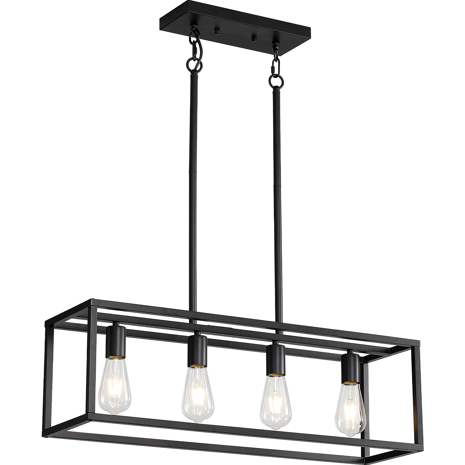 Vintage Black 4-Light Industrial Chandelier - Modern Linear Rectangular Cage Hanging Light Fixture for Farmhouse Kitchen, Dining Room, Bar & Living Room | Perfect for Rustic Decor, Open Concept Spaces & Commercial Settings