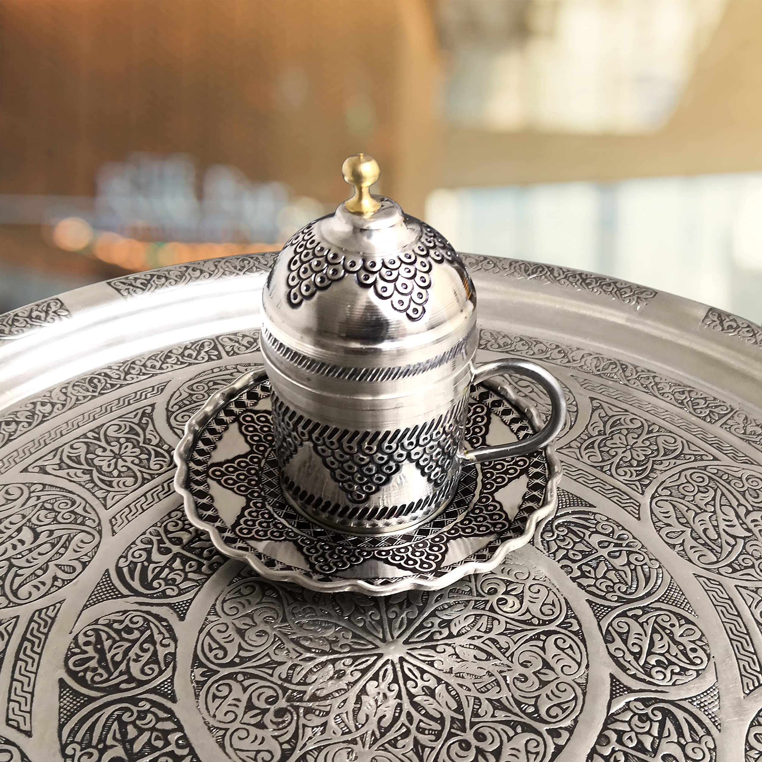 Turkish Copper Coffee Cup Set of 6 with Tray - Vintage Espresso Cups in Velvet Gift Box, Nickel Plated Mini Coffee Serving Set for Home, Cafe & Turkish Coffee Ceremony