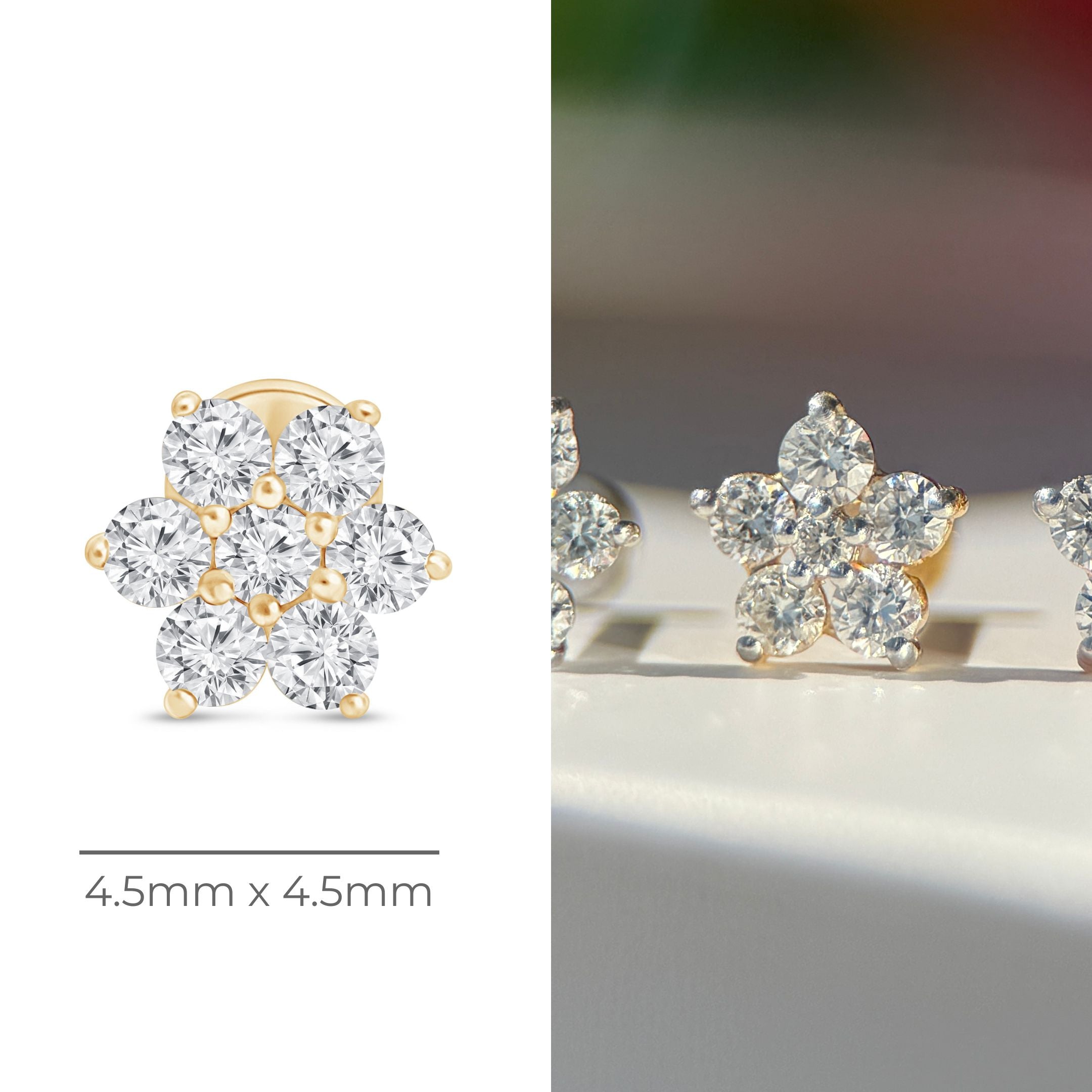 14K Yellow Gold Diamond Flower Stud Earrings for Women - Elegant Floral Design Flat Back Ear Studs for Daily Wear, Parties & Special Occasions