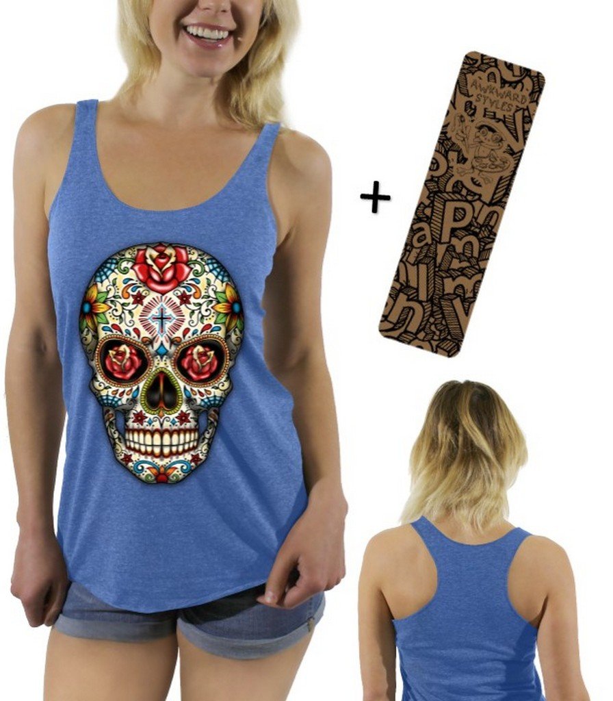 Stylish Sugar Skull Rose Eyes Graphic Racerback Tank Top with Free Bookmark - Perfect for Halloween, Dia de Los Muertos & Festival Outfits