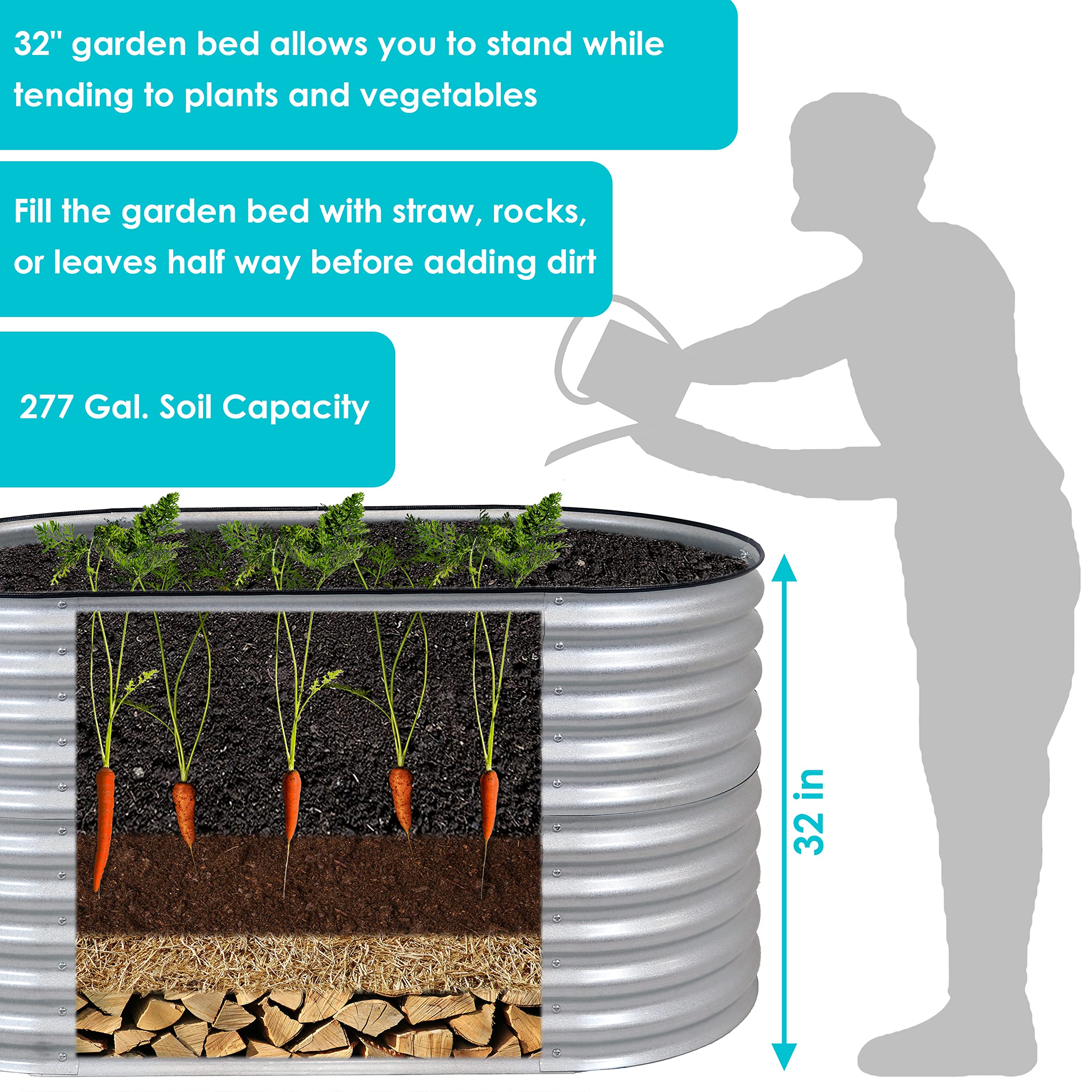 Sunnydaze 62.5-Inch Oval Raised Garden Bed Kit - Stackable Steel Planter Box for Vegetables, Flowers & Herbs with Rubber Edge Trim (Silver) - Perfect for Backyard, Patio & Urban Gardening