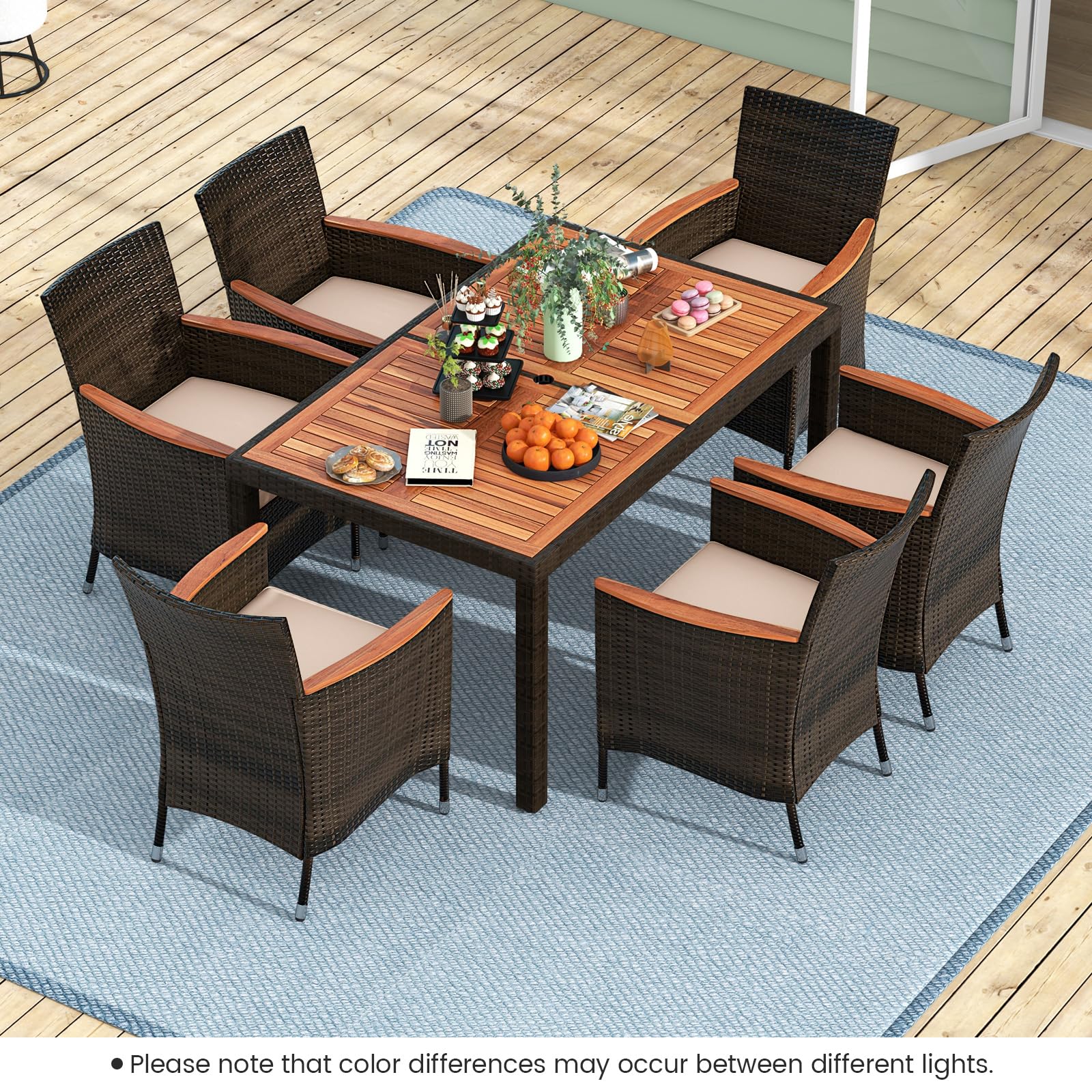 Tangkula 7-Piece Outdoor Wicker Dining Set with Acacia Wood Table & 6 Stackable Chairs - Patio Furniture with 1.96