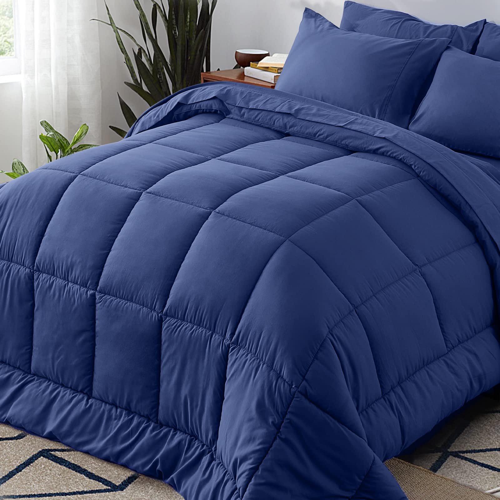 King Size 7-Piece Bed in a Bag Bedding Set - Lightweight Blue Quilted Comforter Set | All Season Ultra Soft Down Alternative Comforter with Pillowcases & Sheets | Perfect for Master Bedroom, Guest Room & Dorm Decor