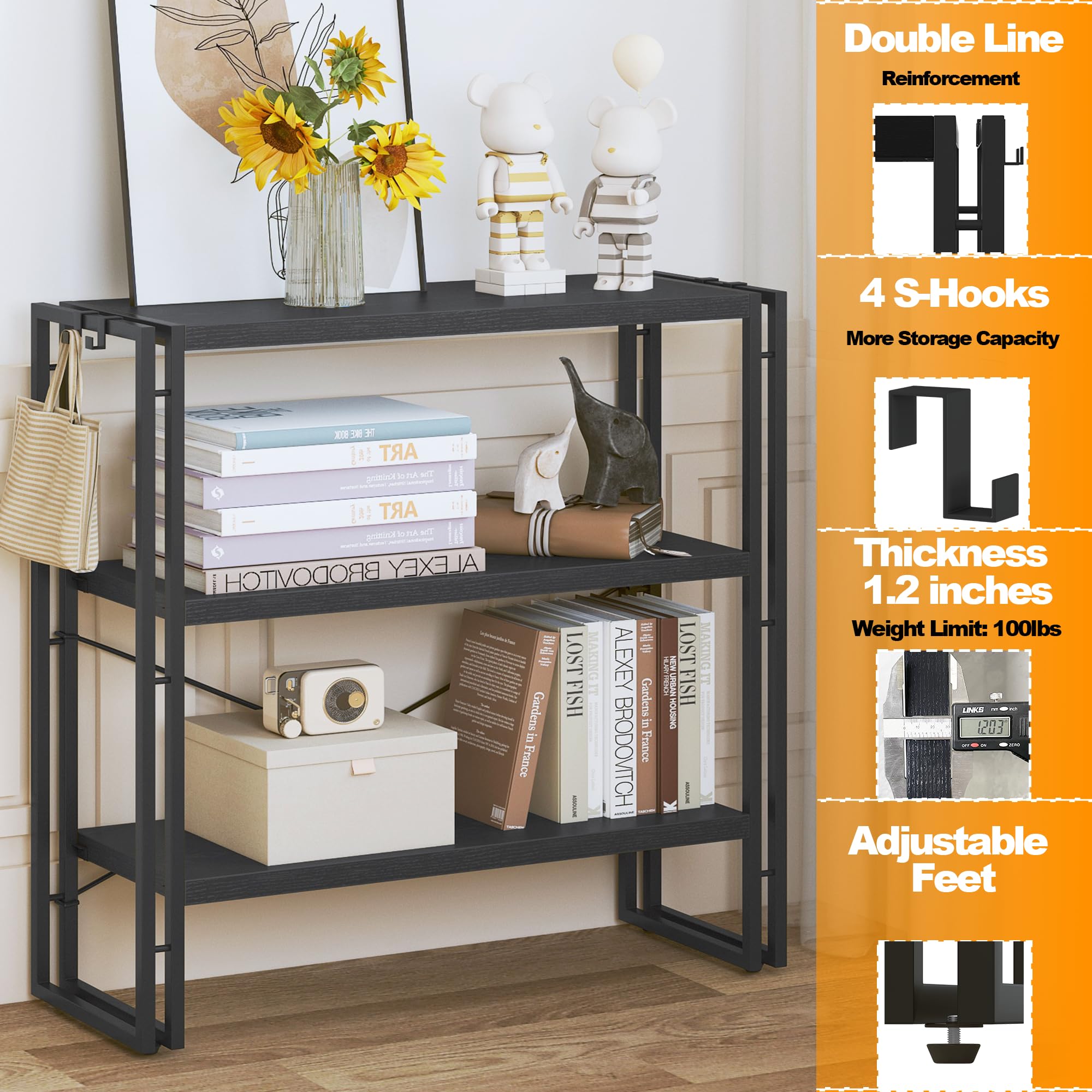 HCHQHS 3-Tier Industrial Bookcase - Black Open Bookshelf with Sturdy Metal Frame, Freestanding Horizontal Storage Shelf for Living Room, Office & Bedroom Organization