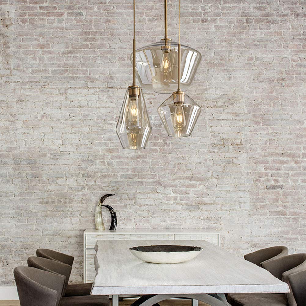 Modern Gold Chandelier Ceiling Light Fixture - 3 Amber Glass Lampshade Pendant Lighting for Kitchen Island, Dining Room, Living Room & Hotel | Flush Mount Hanging Lamp for Stylish Home & Commercial Spaces