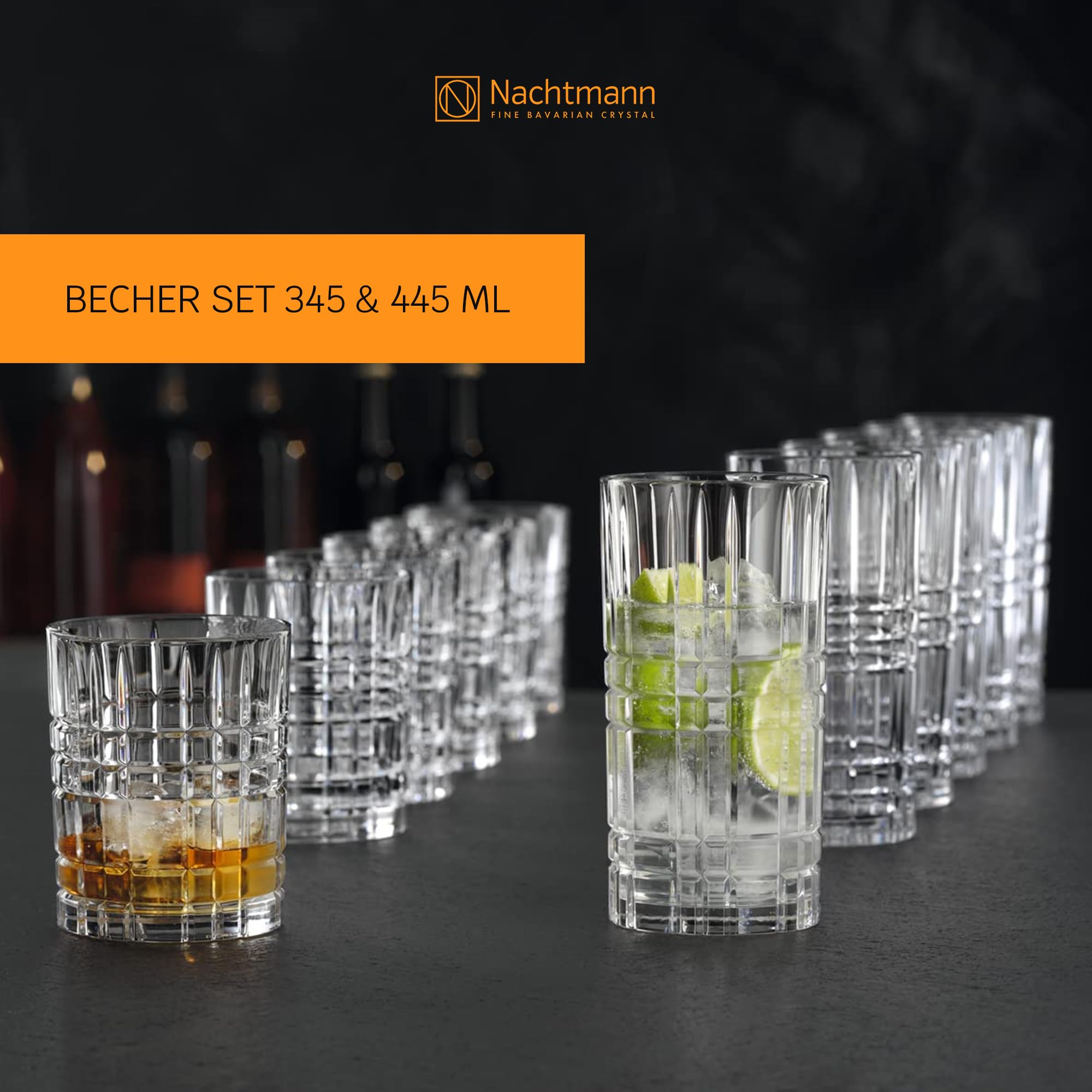 Nachtmann Square 12-Piece Crystal Drinkware Set - Highball & Lowball Glasses for Cocktails & Whiskey - Dishwasher Safe Barware - Perfect for Home Bars, Restaurants & Housewarming Gifts - Elegant Glassware for Entertaining & Special Occasions