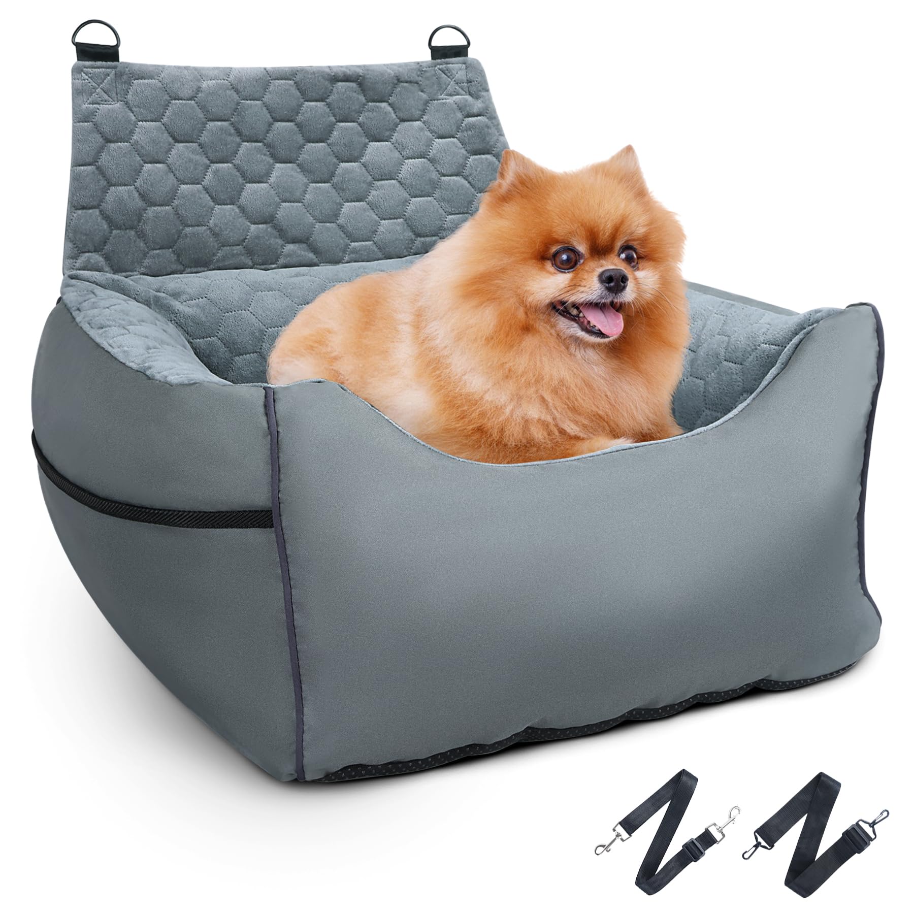 INFANZIA Washable Foam Dog Car Booster Seat for Small & Medium Dogs Under 30Lbs - Detachable Pet Car Seat with Storage Pockets, Soft Elevated Dog Bed for Front & Back Seats (20IN, Grey) - Perfect for Road Trips, Vet Visits & Daily Commutes