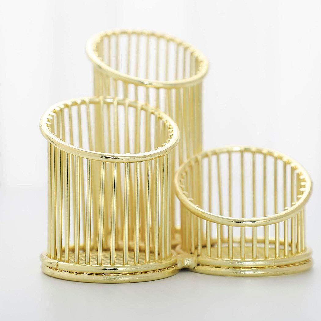 Golden Wrought Iron Pencil Holder - 3 Compartment Pen Organizer for Office, Classroom & Home | Perfect for Storing Pens, Pencils, Makeup Brushes & Art Supplies | Durable Desk Organizer for Work, Study & Beauty Routine
