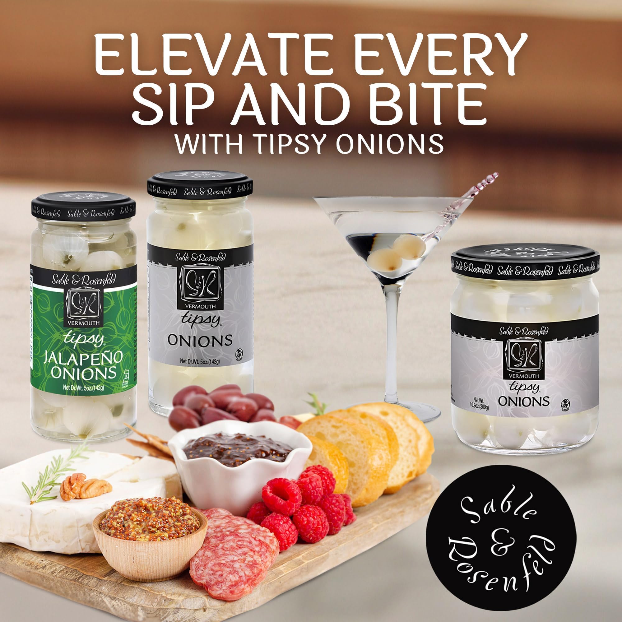 Premium Pickled Silverskin Cocktail Onions in Jar with French Vermouth - Kosher Parve for Martinis, Gibsons & Bloody Marys - Sable & Rosenfeld Gourmet Appetizer - 10.9 oz (Pack of 1) - Perfect for Home Bars, Dinner Parties & Holiday Entertaining