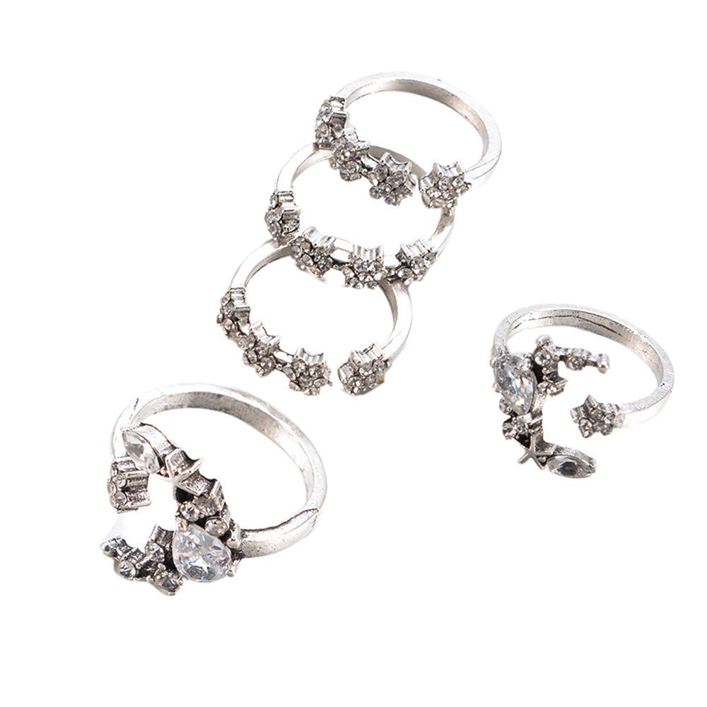 5-Piece Bohemian Silver Star Moon Crystal Stack Rings Set for Women - Wedding, Lover & Personalized Jewelry Gifts - Perfect for Everyday Wear, Date Nights & Special Occasions