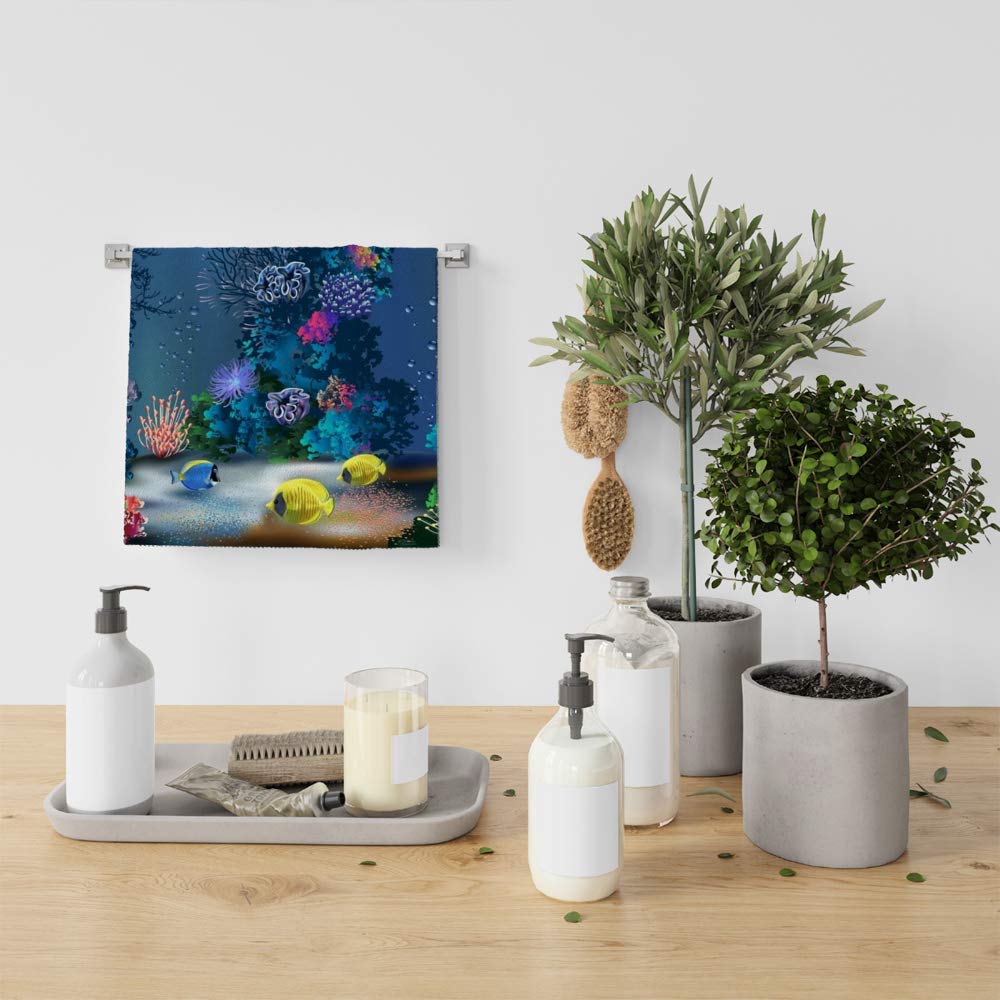 Premium Terry Cotton Face Towels & Washcloths - Soft, Quick Dry 30x15 Inch - Underwater World Dolphins & Plants Design - Perfect for Bath, Spa, Kitchen & Home Decor - Great Gift Idea