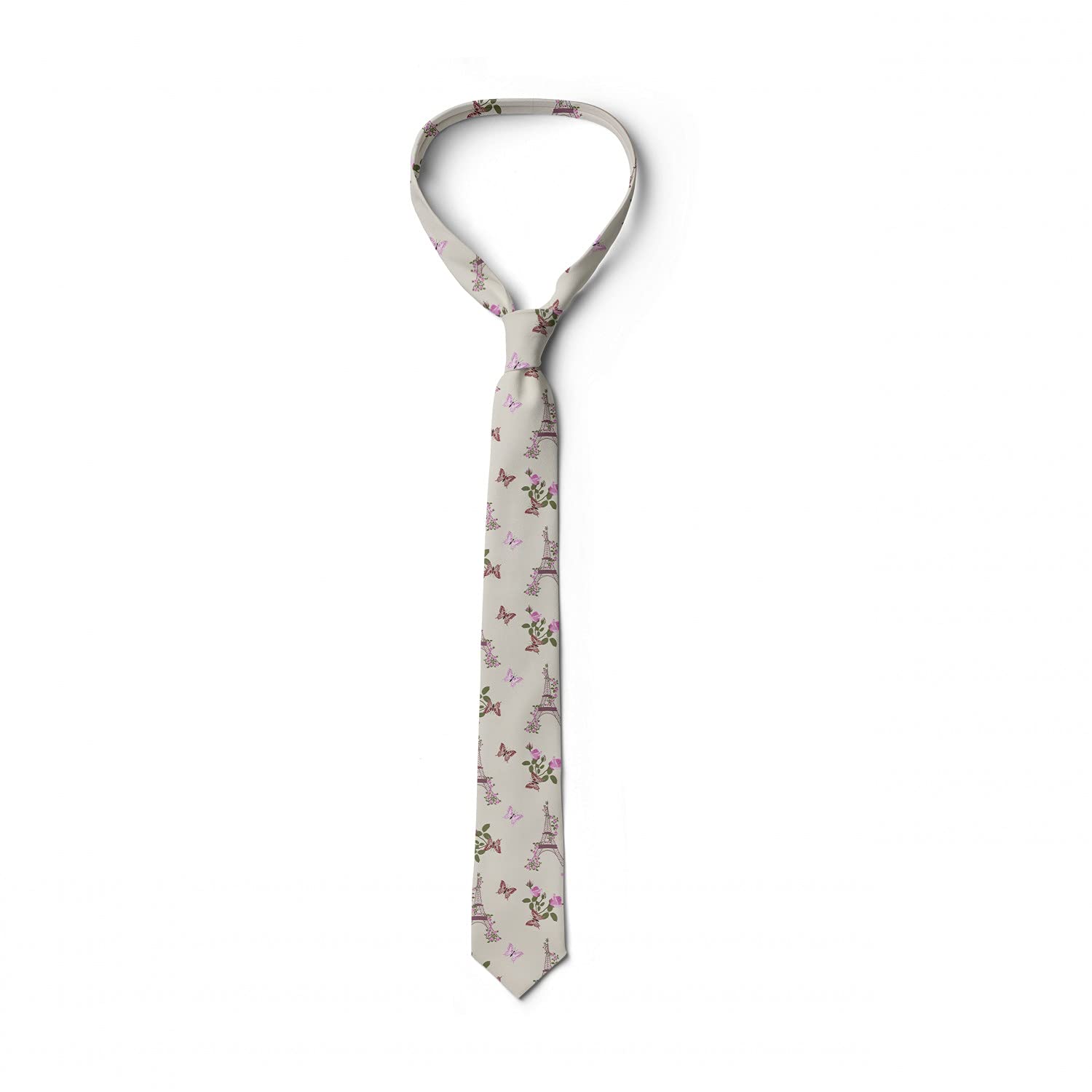 Ambesonne Men's Necktie - Elegant Eiffel Tower with Rose Ivy Design, 3.7