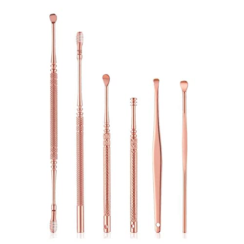 **Rose Gold Stainless Steel Ear Wax Removal Kit - 6pcs Spiral Ear Curette for Adults & Kids | Safe & Gentle Ear Cleaning Tool for Home & Travel Use**