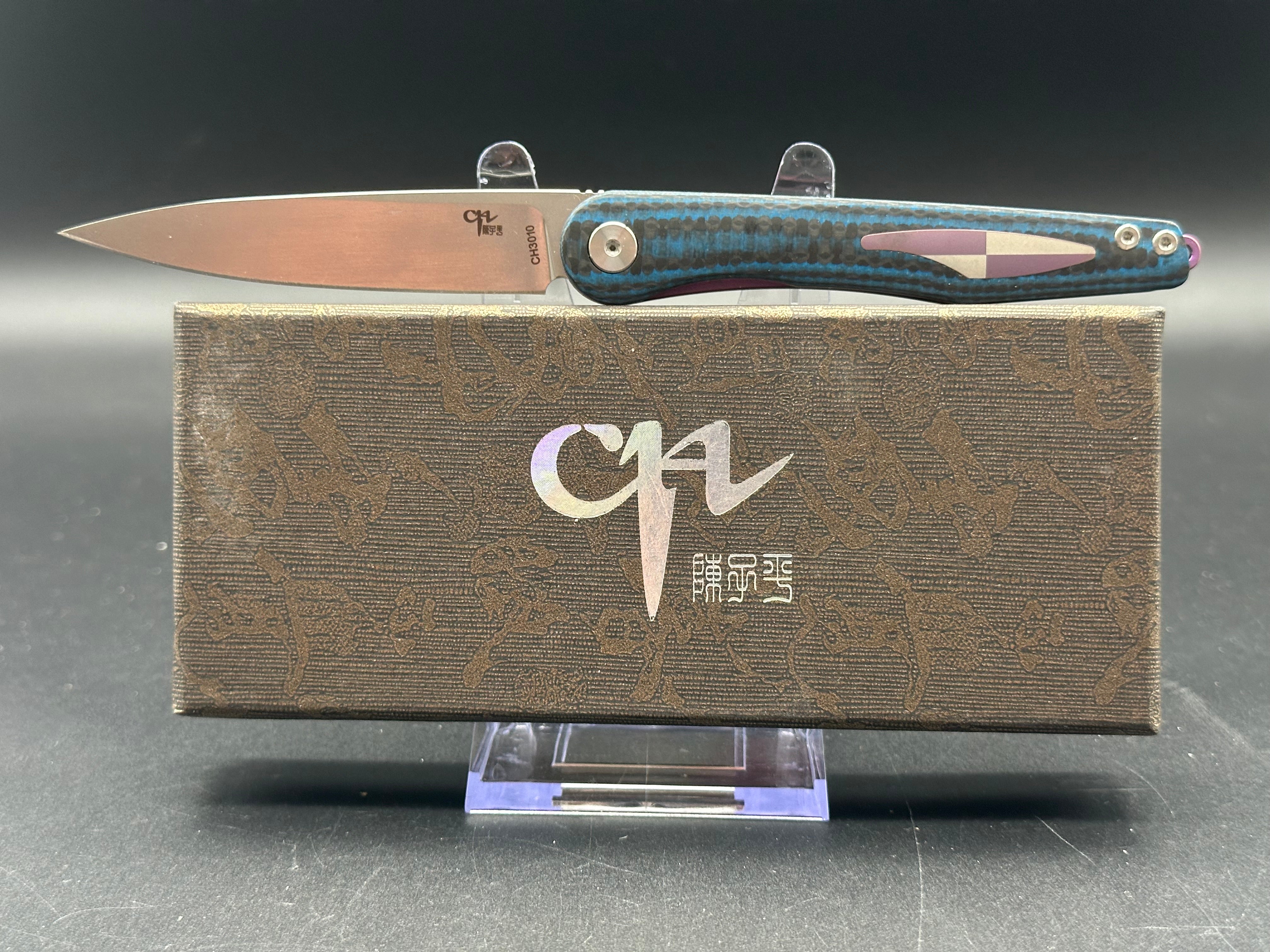 CH KNIVES Folding Pocket Knife - Army Green Carbon Fiber/Titanium/G10 Handle with M390 Steel Blade | Tactical EDC, Outdoor Camping & Survival Gear