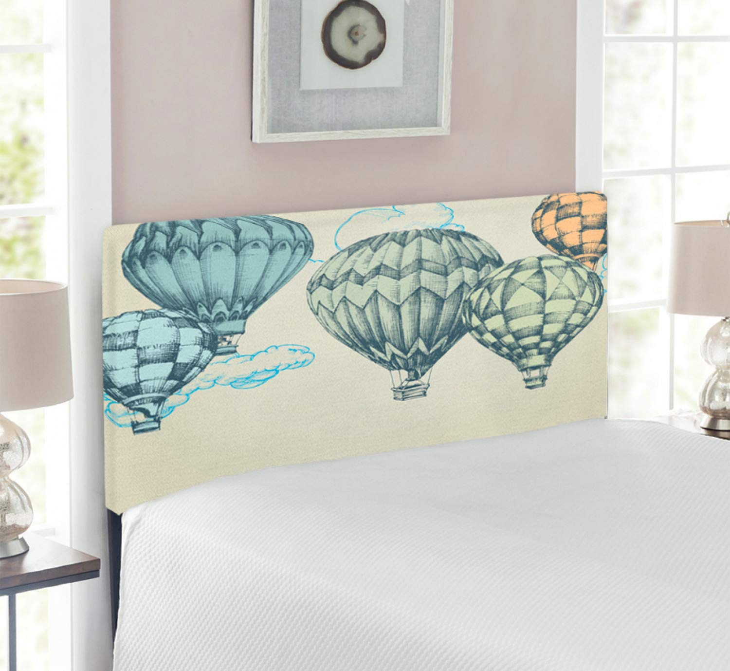 Ambesonne Vintage Upholstered Headboard - Hot Air Balloons in Soft Tones Sky Design, Twin Size Metal Bed Frame with Memory Foam (Green & Blue) | Perfect for Bedroom Decor, Guest Rooms & Cozy Reading Nooks
