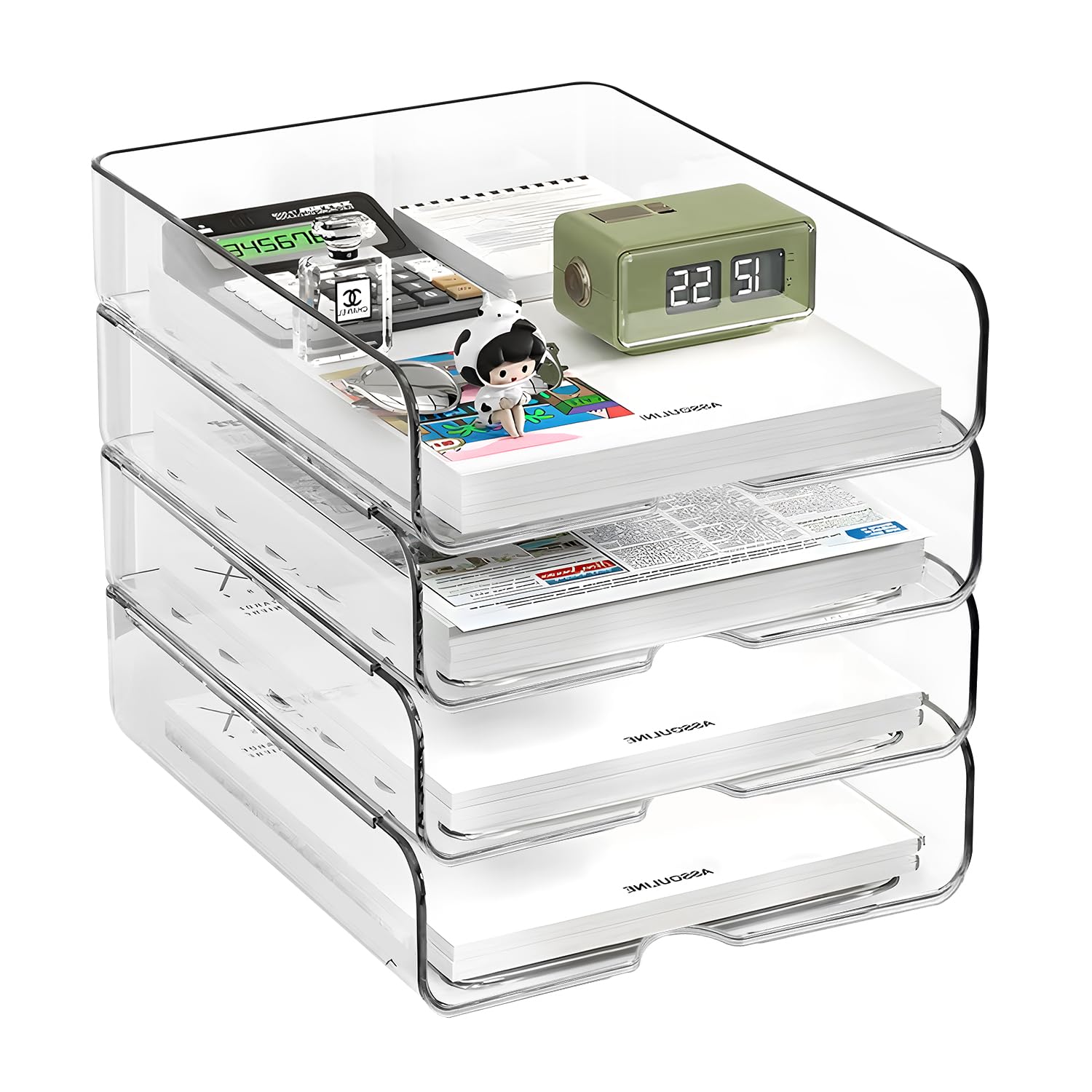 4-Tier Clear Stackable Paper Organizer for Desk - A4 File Storage Tray for Office Supplies, Documents & Mail - Perfect for Home Office, School & Workspace Organization