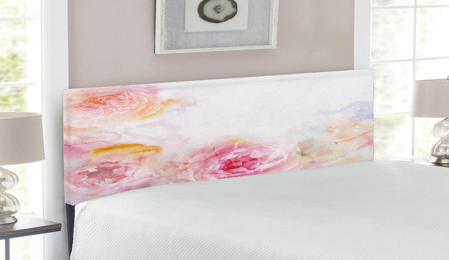 Ambesonne Shabby Floral Headboard - Queen Size Upholstered Metal Bed Frame with Memory Foam | Victorian Rose & Leaf Design in Pale Pink | Perfect for Romantic Bedroom Decor & Vintage Home Interiors