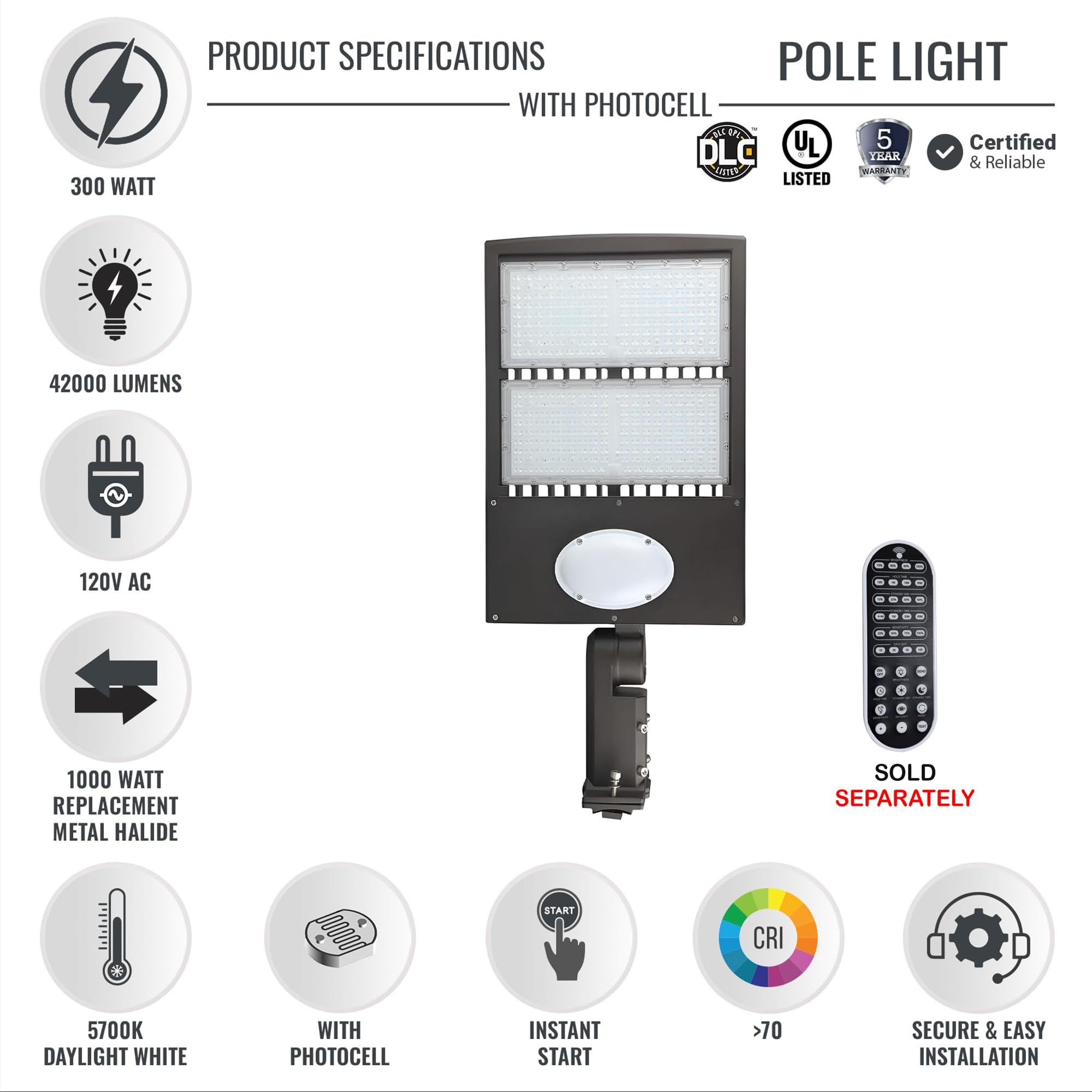 300W LED Parking Lot Light with Dusk to Dawn Motion Sensor - 42000LM 5700K Waterproof Commercial Street & Area Lighting for Sports Stadiums | Outdoor Pole Lights for Parking Lots, Walkways & Security Areas