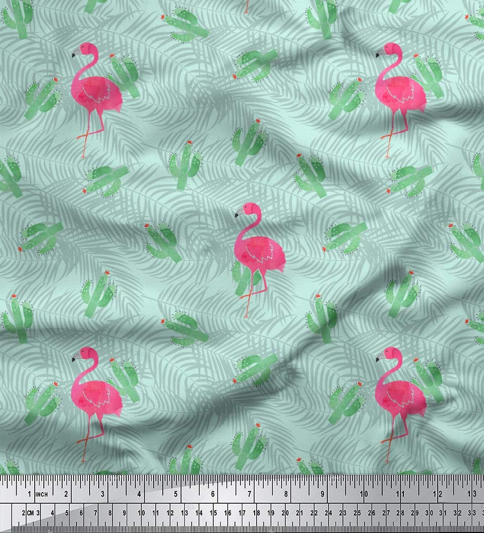 Soimoi Moss Georgette Green Fabric by The Yard - 42 Inch Wide Printed Fabric with Cactus & Flamingo Leaves Design - Exotic Textile for Dresses, Curtains, and DIY Fashion Projects
