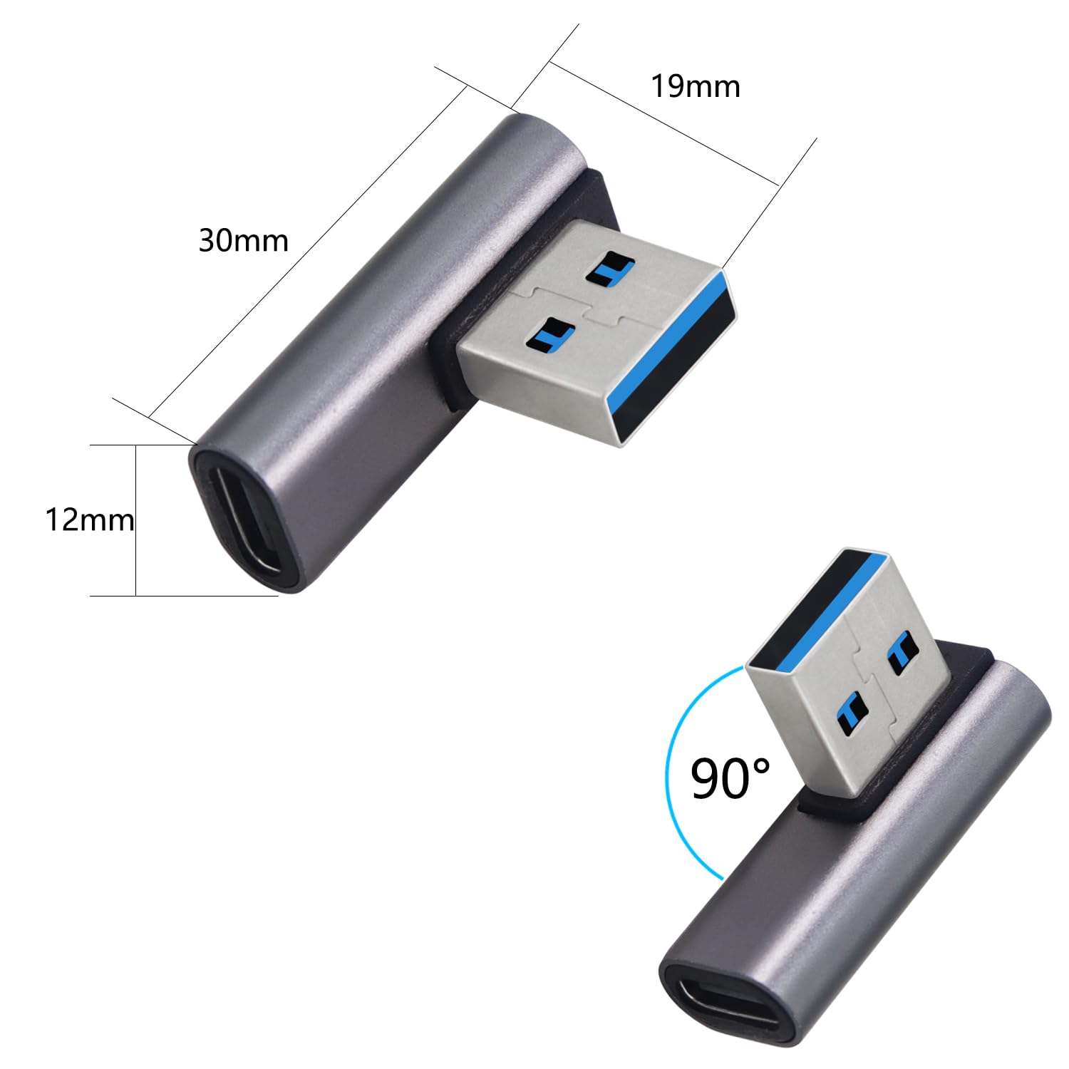 10Gbps USB 3.1 to USB C Adapter 90 Degree - 3 Pack OTG Data Transfer Converter for Laptop, Tablet, Smartphone - Fast Charging & File Sync (Silver USB A Male to Type C Female) - Perfect for Office, Travel & Home Use