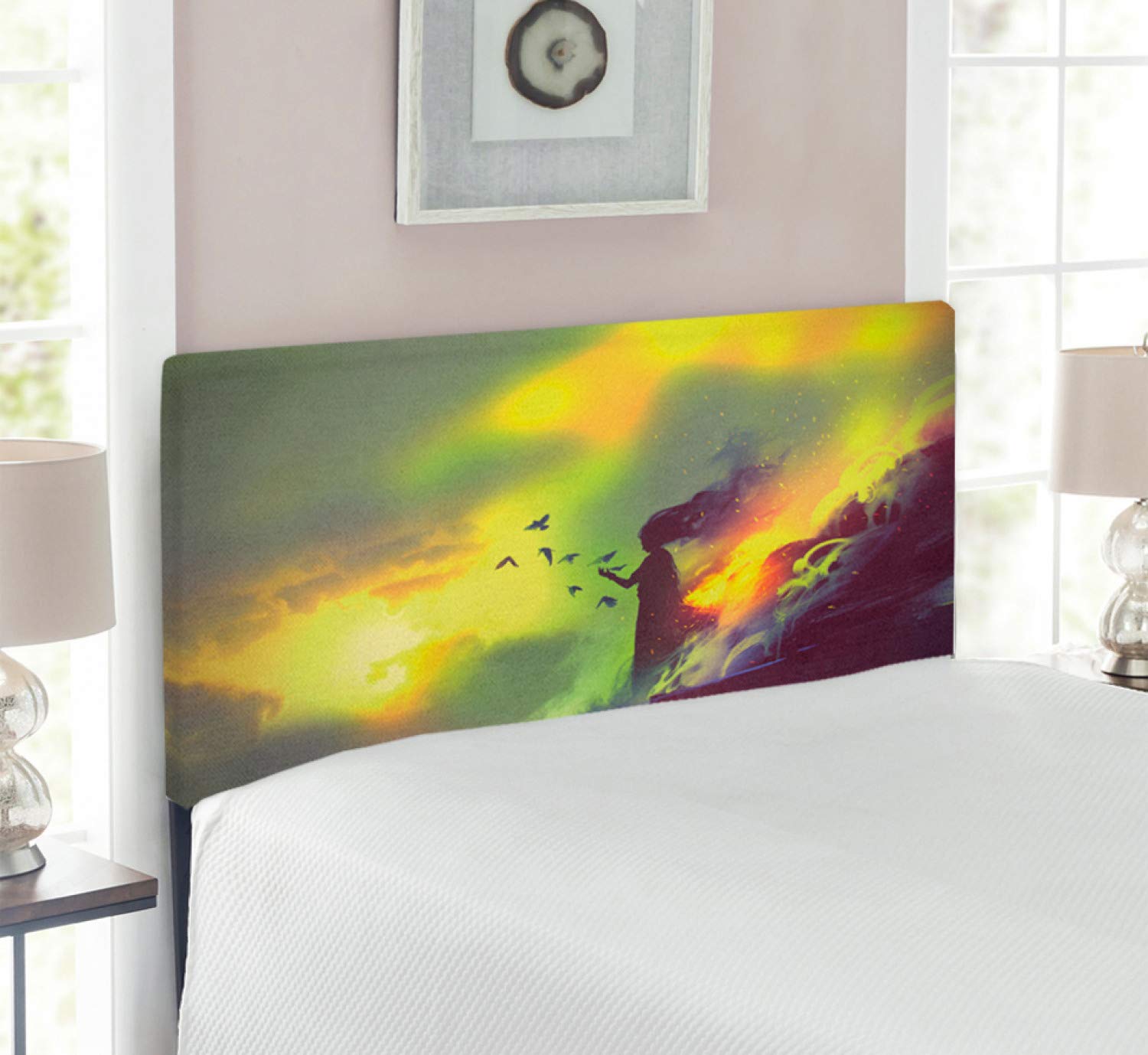 Ambesonne Fantasy Headboard - Fiery Burnt Girl Magic Illustration on House Roof, Upholstered Metal Bed Headboard with Memory Foam, Twin Size, Yellow & Green - Perfect for Gothic Bedroom Decor & Fantasy Themed Rooms