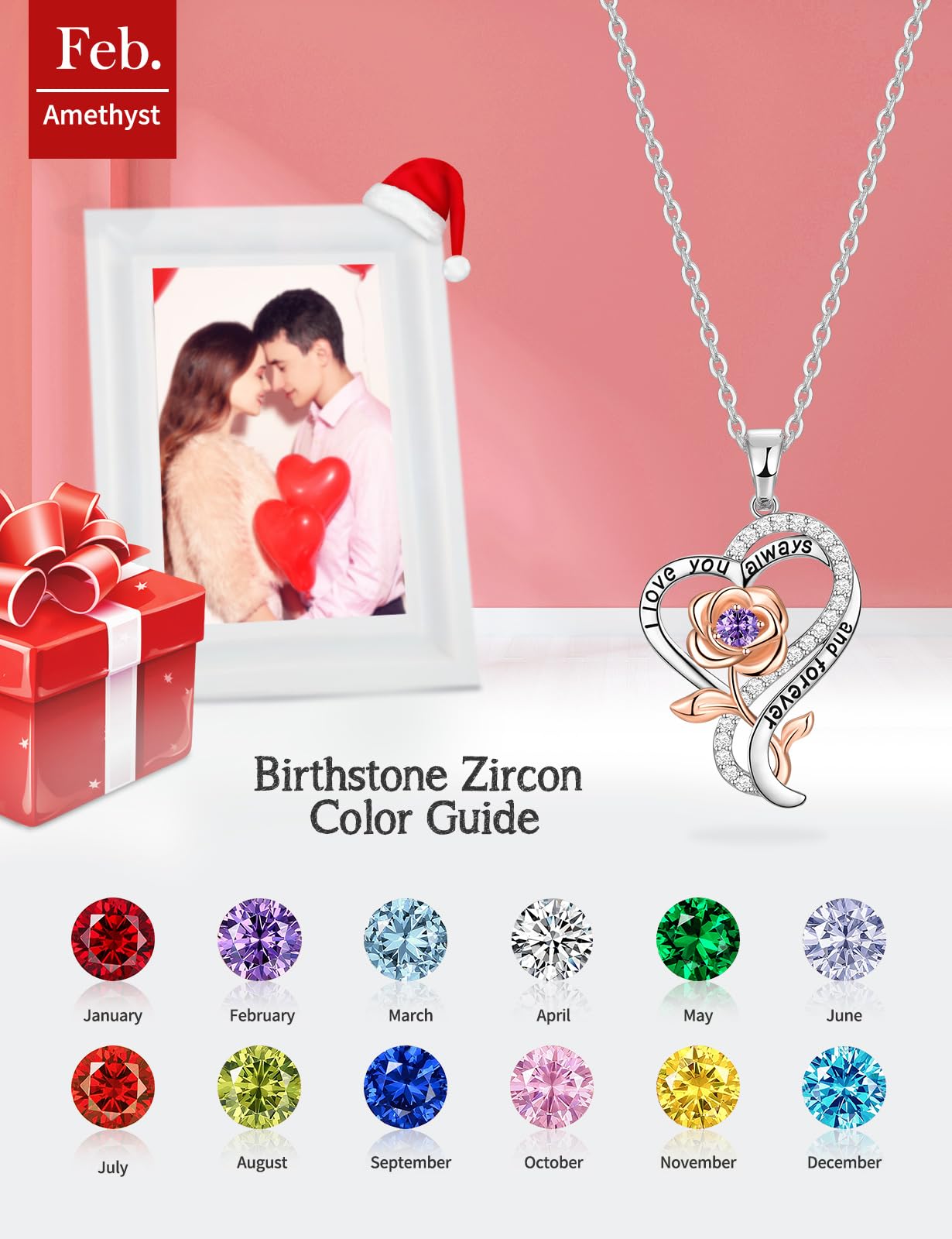 Rose Heart Necklace for Women - Sterling Silver Birthstone Jewelry Gift for Wife, Girlfriend, Mom | Valentine's Day, Anniversary, Birthday Present | Elegant Pendant Necklace for Everyday Wear & Special Occasions