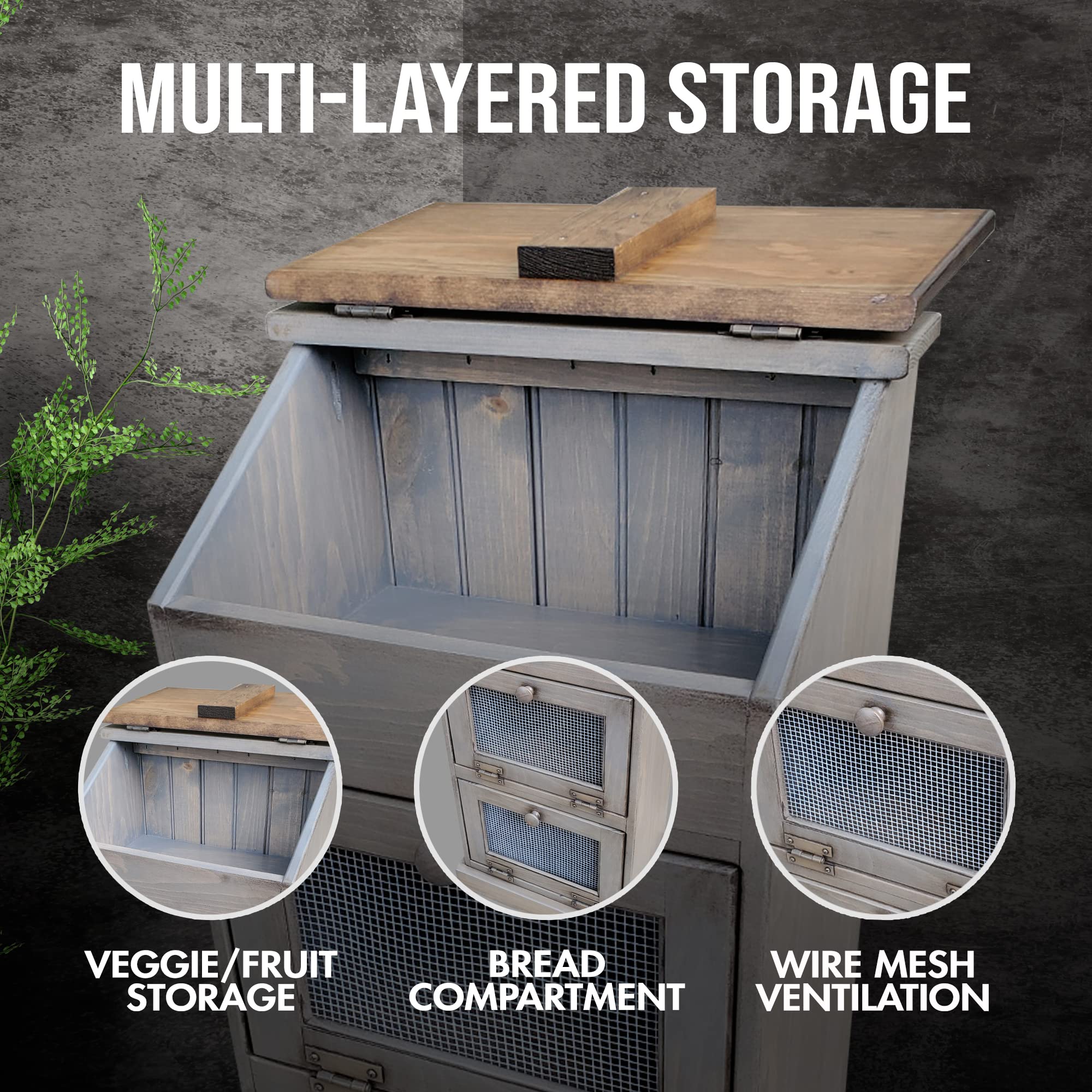 Wooden Potato & Onion Storage Bin with Lid - Rustic Kitchen Pantry Organizer for Bread, Vegetables & Groceries - Decorative Pewter Accents for Farmhouse & Country Style Kitchens
