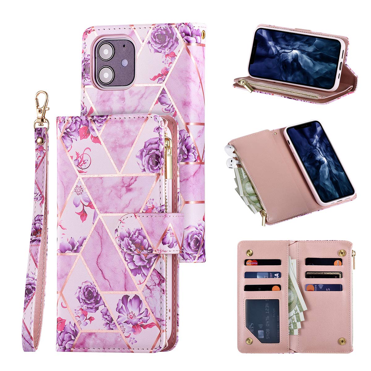 Premium PU Leather Wallet Case for iPhone 12 Pro Max - Magnetic Closure, Zipper Pocket, Kickstand & Card Slots with Hand Strap | Stylish Marble Flip Phone Case for Women (Purple Flower Design) | Perfect for Daily Use, Travel & Shopping