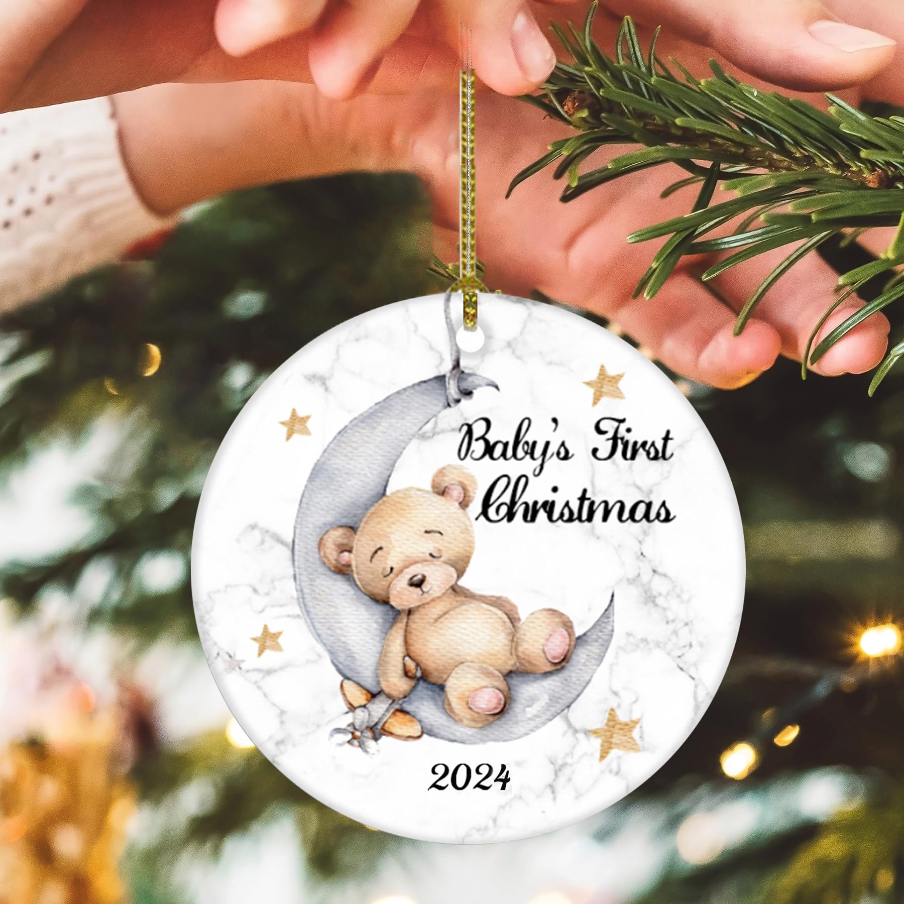 2025 Baby's First Christmas Ornament - Cute Boy Bear on The Moon for Newborn & Newlywed Decor (Yellow & White) - Perfect for Christmas Tree, Nursery, Wedding & Holiday Celebrations