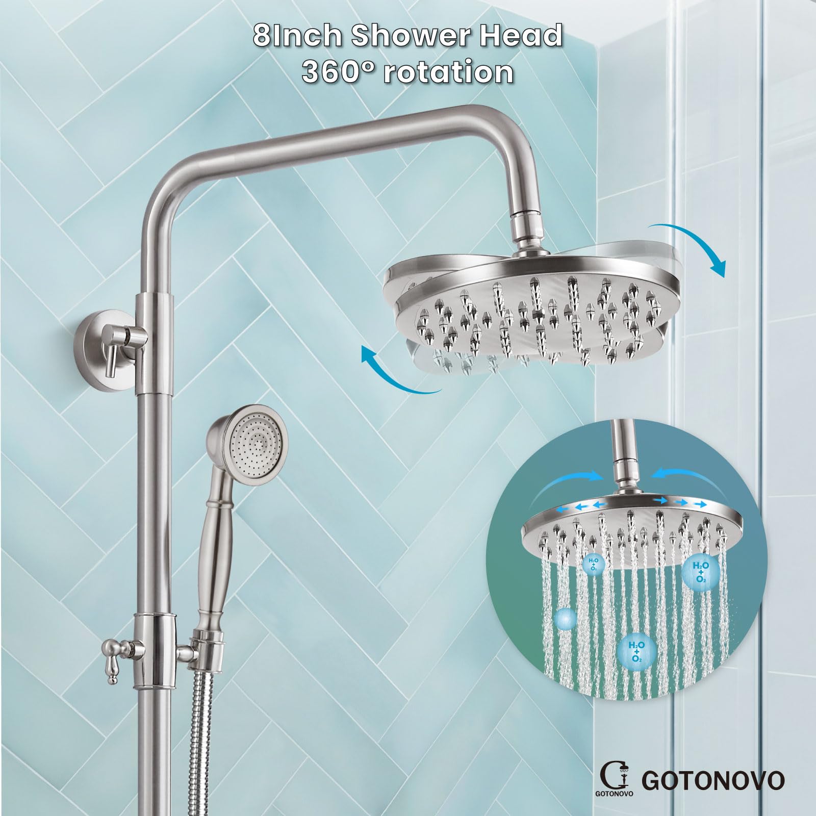 Gotonovo 8 Inch Exposed Shower Faucet Set - 3-Function Rainfall Showerhead with Tub Spout & Cross Handles - Brushed Nickel Shower System for Bathroom Remodel & Spa Experience