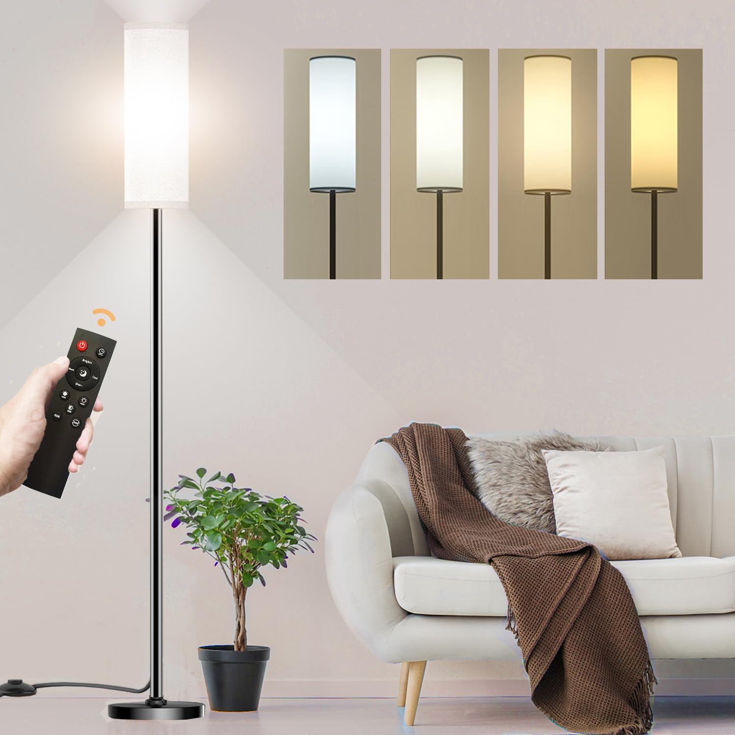 Modern LED Floor Lamp with Remote Control - Dimmable Color Temperature & Brightness, 9W Bulb Included - Standing Tall Lamp for Living Room, Bedroom, Office (White) - Perfect for Reading, Relaxing & Home Decor