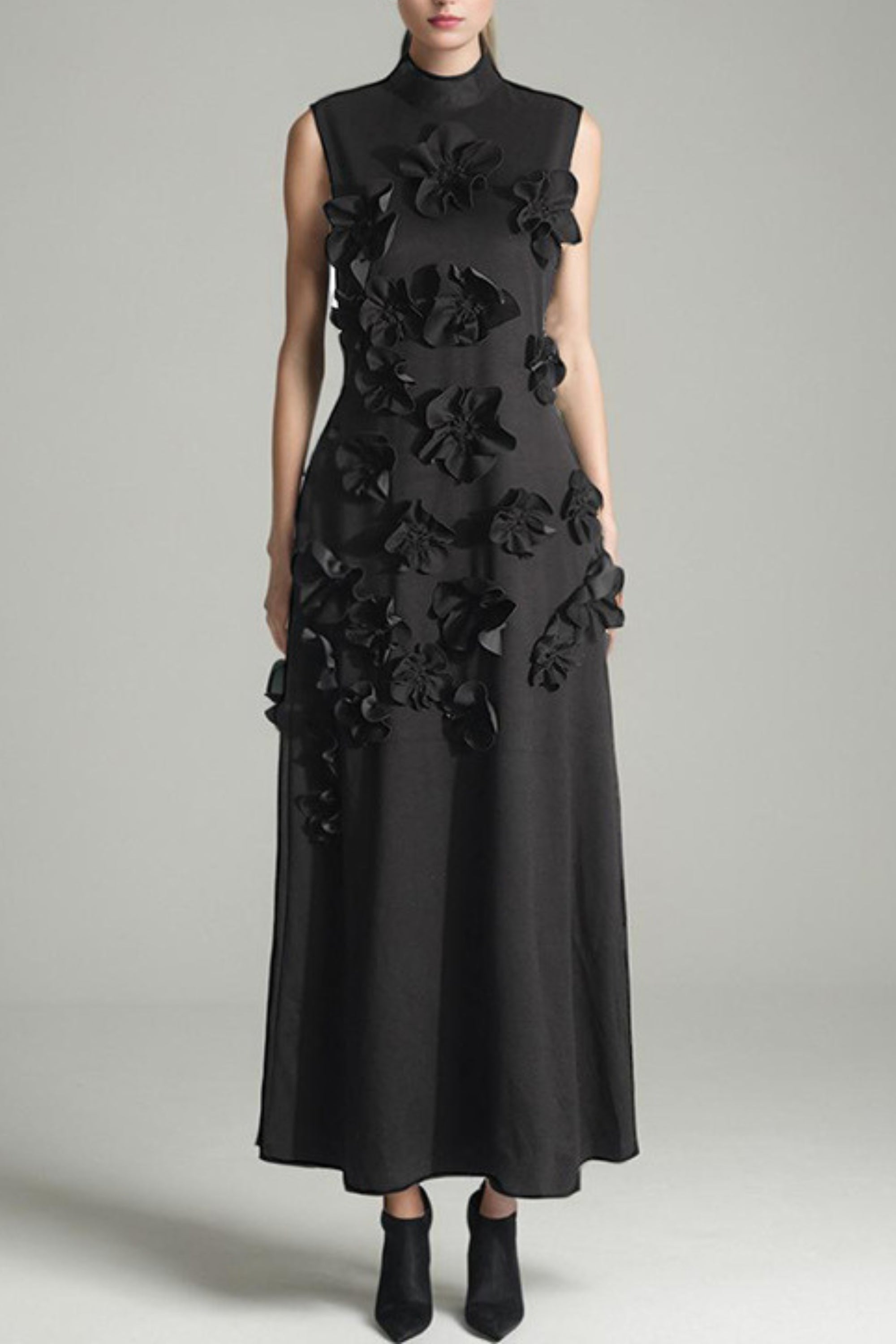 ANNONA Black Floral Embroidered Maxi Dress - Elegant Long Evening Gown for Weddings, Parties & Special Occasions