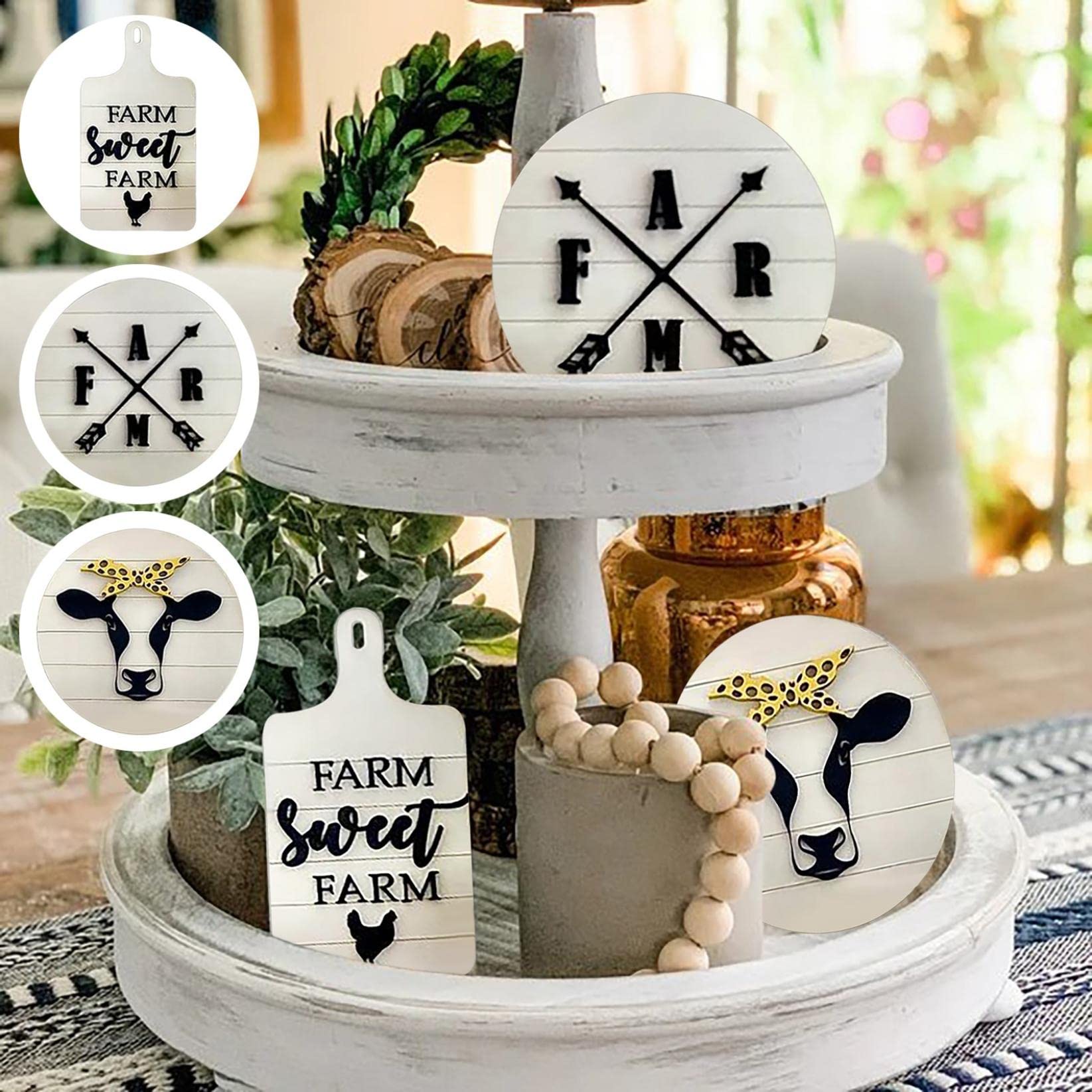 Farmhouse Wooden Tiered Tray Decor Set - 3PC Rustic Spring & Easter Home Decorations, DIY Wooden Display Stand for Kitchen, Dining Table, Coffee Bar, and Entryway - Perfect for Seasonal Decor and Gift Giving