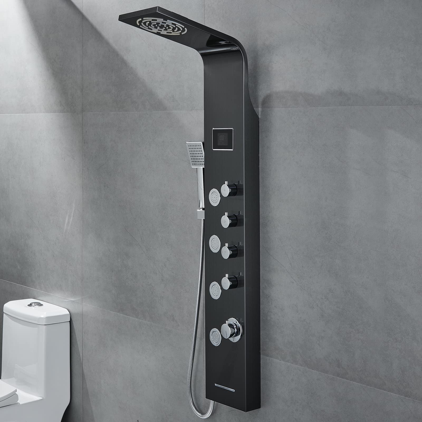 ROVATE Rainfall Waterfall Shower Panel Tower System with LED Lights - No Battery Needed, Multi-Function Shower Tower with Rain Massage, Body Jets, Handheld Shower Wand & Tub Spout - Black - Perfect for Spa-Like Bathroom Upgrades & Luxury Shower Experience