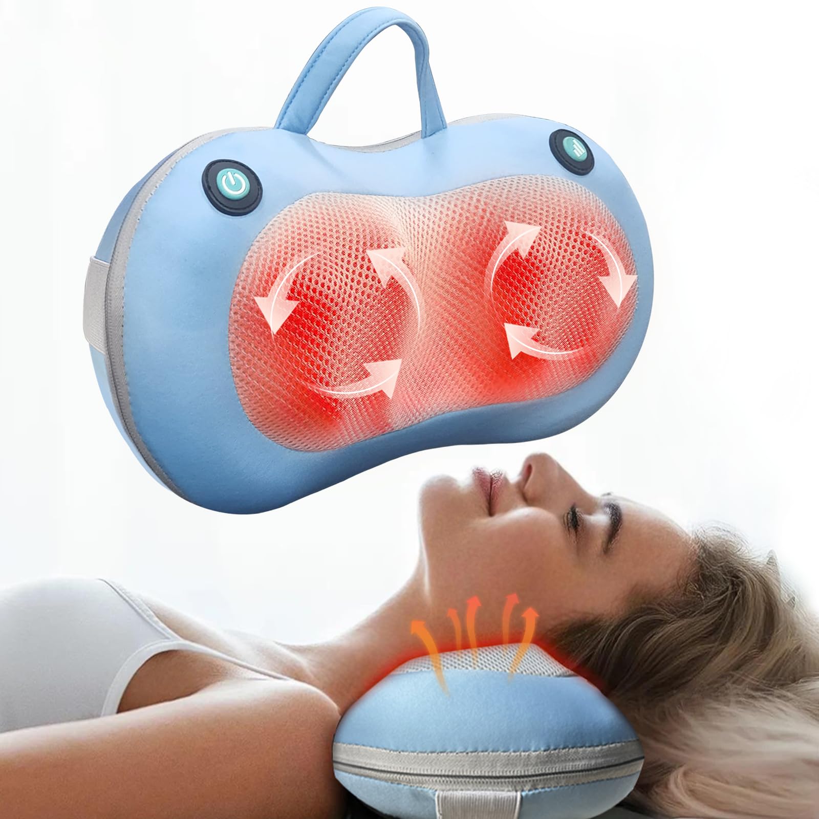 Xllent Electric Neck and Back Massager with Heat - Shiatsu Deep Tissue Kneading Massage for Pain Relief, Portable Massage Pillow (Blue) - Perfect for Home, Office, and Travel Use