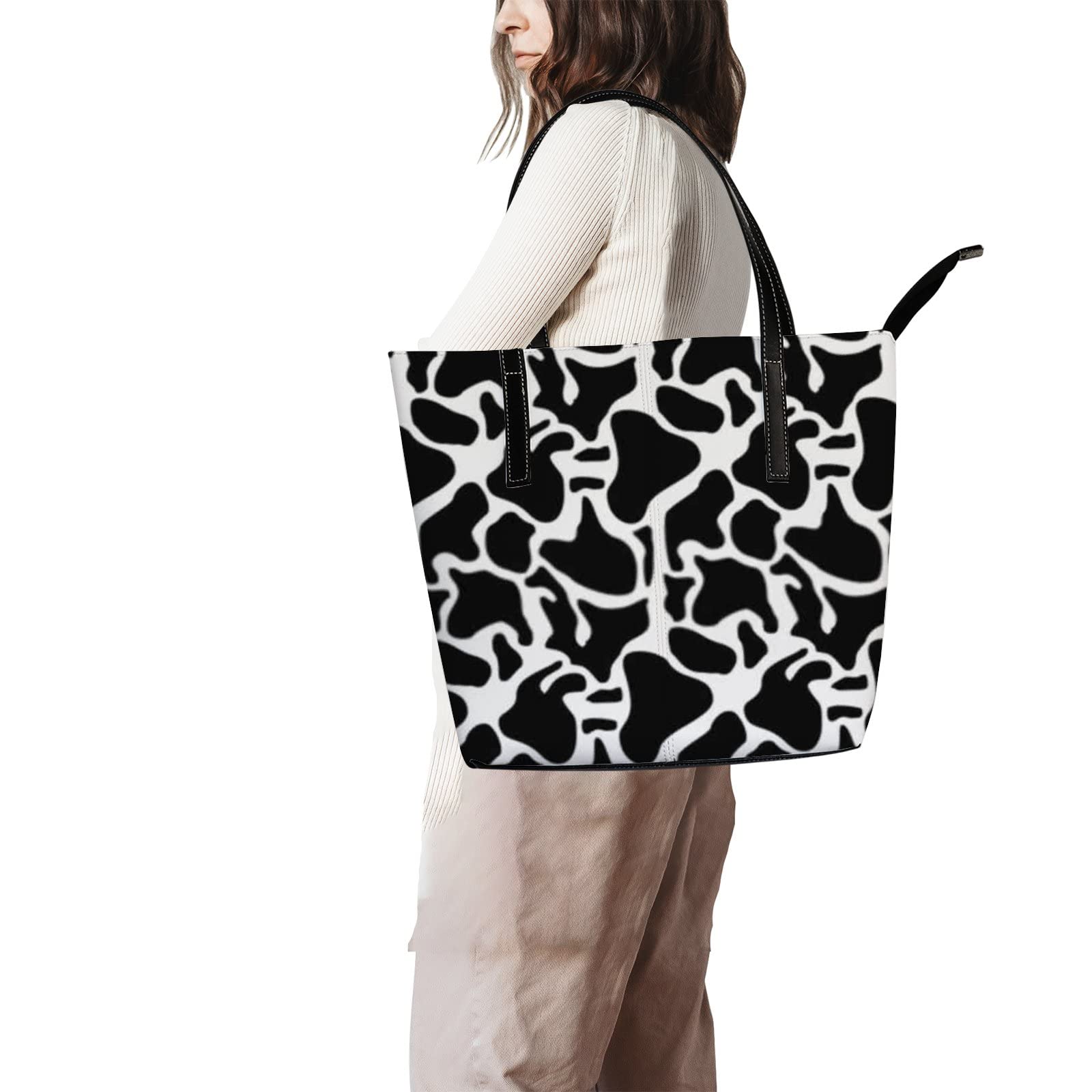Stylish Black and White Cow Print Leather Tote Bag for Women - Fashionable Crossbody & Work Handbag with Zipper | Perfect for Office, Travel & Daily Use