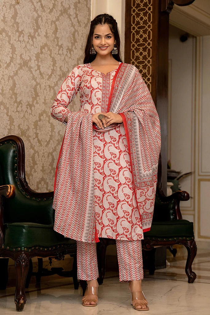 Stylish Red Rayon Blend Paisley Printed Women's Suit Set with Straight Pants - Perfect for Office Wear, Business Meetings & Formal Occasions