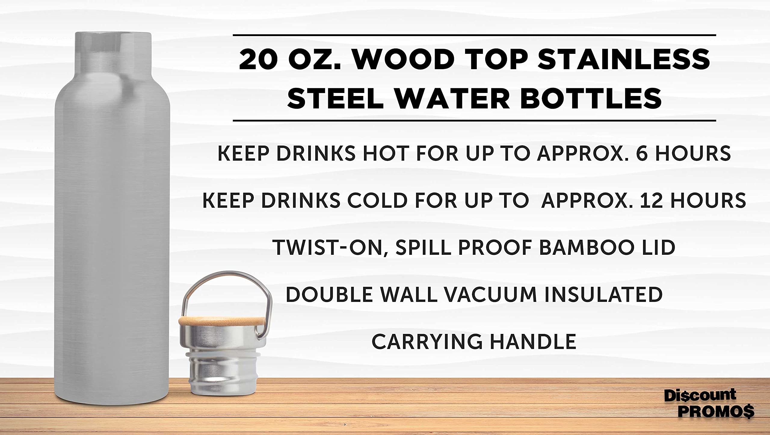 6-Pack Stainless Steel Water Bottles with Wooden Lid - 20oz Double Wall Insulated, BPA-Free, Leak Proof (Silver) - Perfect for Gym, Hiking, Office & Travel