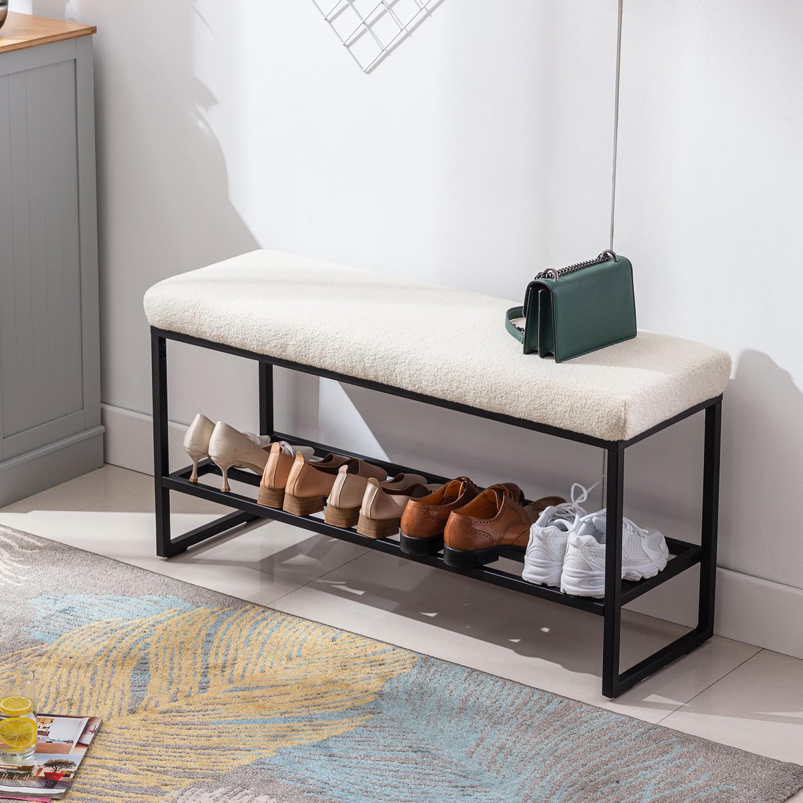 Zesthouse Boucle Upholstered Shoe Bench with Storage - Entryway, Bedroom, Closet & Living Room Organizer - White Metal Shoe Rack for Hallway, Mudroom & End of Bed (Perfect for Small Spaces & Home Organization)