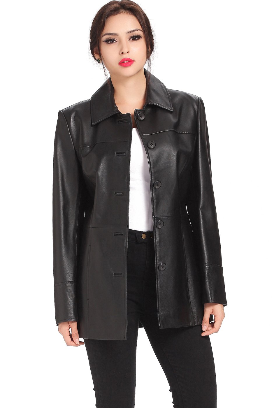 BGSD Women's Megan Lambskin Leather Car Coat - Premium Faux Shearling Lining, Classic Trench Style (Available in Plus Size & Petite) | Perfect for Fall & Winter Fashion, Office Wear, and Casual Outings